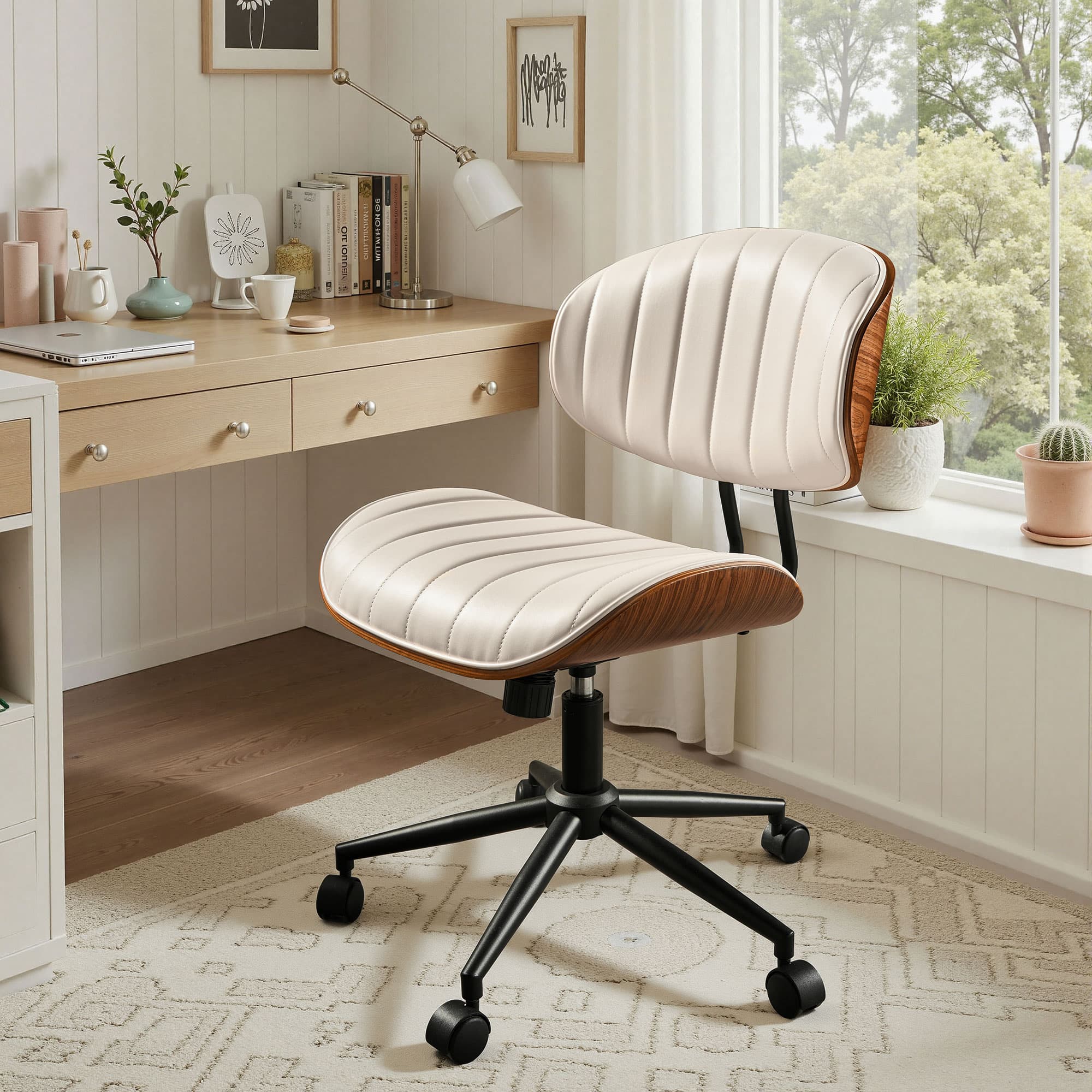 Ovios - Armless Office Chair, PU Leather Swivel Computer Desk Chair, Vantiy Chair with Wheels - White