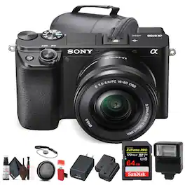 Bundle - Sony - Alpha a6100 Mirrorless Digital Camera (ILCE6100L/B) with 16-50mm Lenses With Flash, Extra Battery, Tripod, 64GB Mem - Black