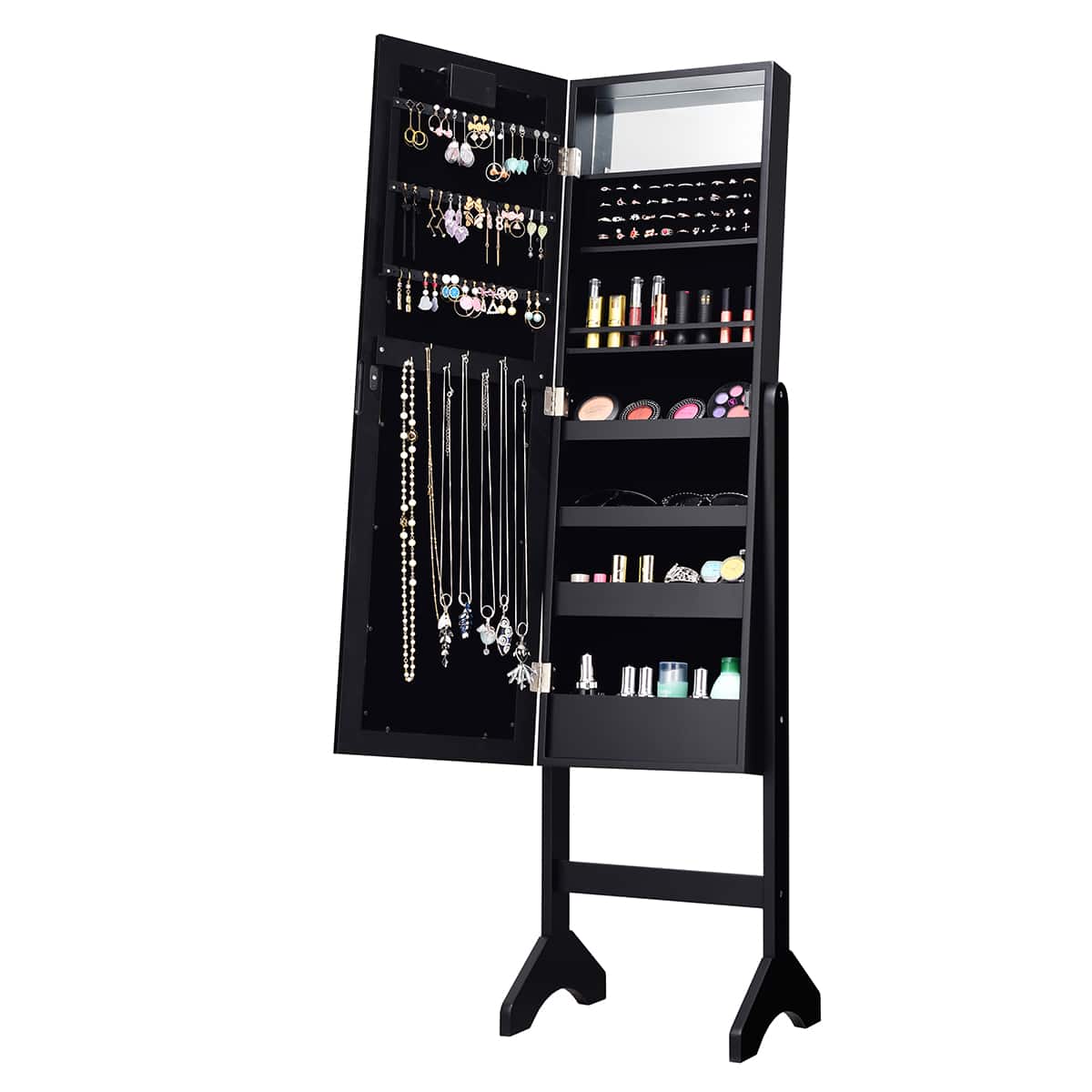 Front. Costway - Mirrored Jewelry Cabinet Organizer w/18 LED lights Black - Black.