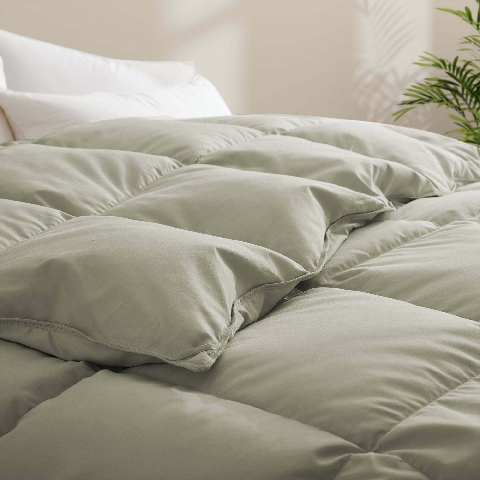 Left. Peace Nest - Peace Nest All-Season Medium Warmth White Goose Feather Down Fiber Comforter Duvet Insert, Sage Green, Cal King - Sage Green.