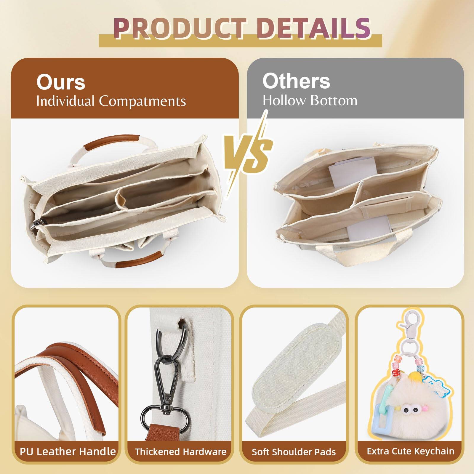 PRODUCT DETAILS

Ours  
Individual Compartments

Others  
Hollow Bottom

PU Leather Handle  
Thickened Hardware  
Soft Shoulder Pads  
Extra Cute Keychain