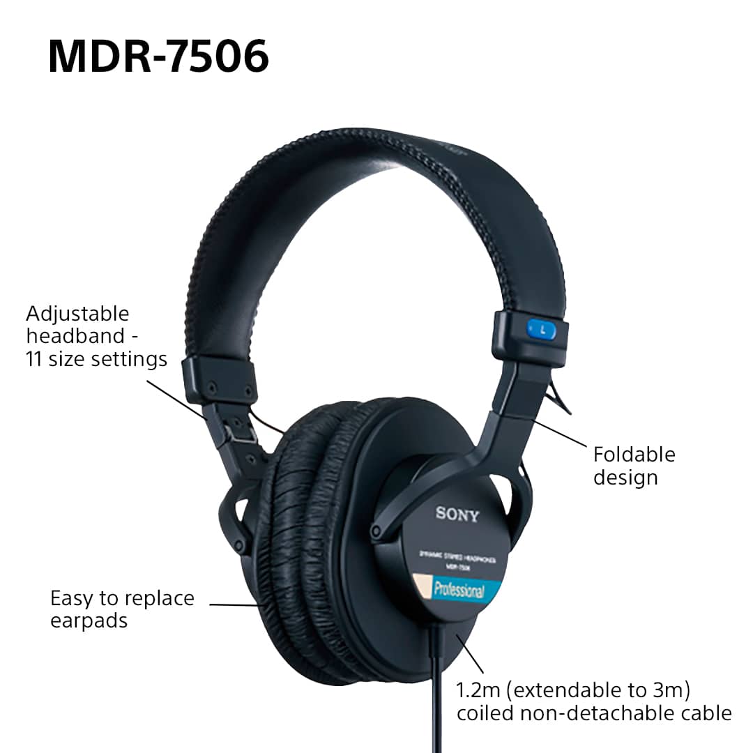 The image features a pair of MDR-7506 headphones with an adjustable headband that has 11 size settings. The headphones are designed by Sony and have a foldable design for easy transportation. The headphones are equipped with professional-grade 1.2m coiled non-detachable cables, which can be extended up to 3m. The headphones are also easy to replace earpads, making them convenient for users.