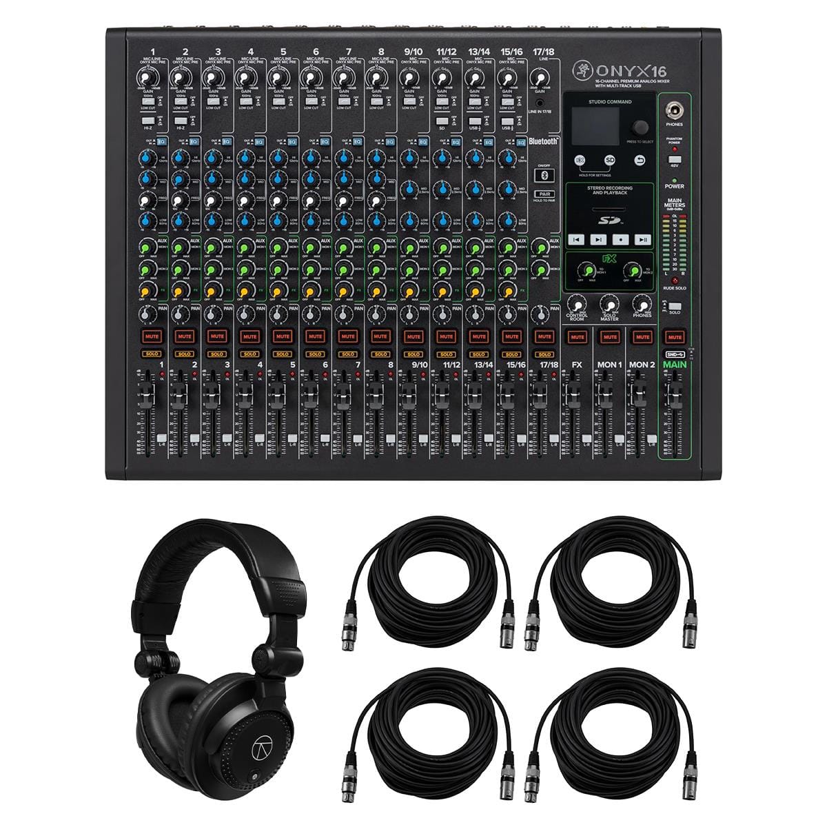 Mackie - Onyx 16-Ch Analog Mixer, w/TAPH100 Headphones and 4x 25' XLR Cable