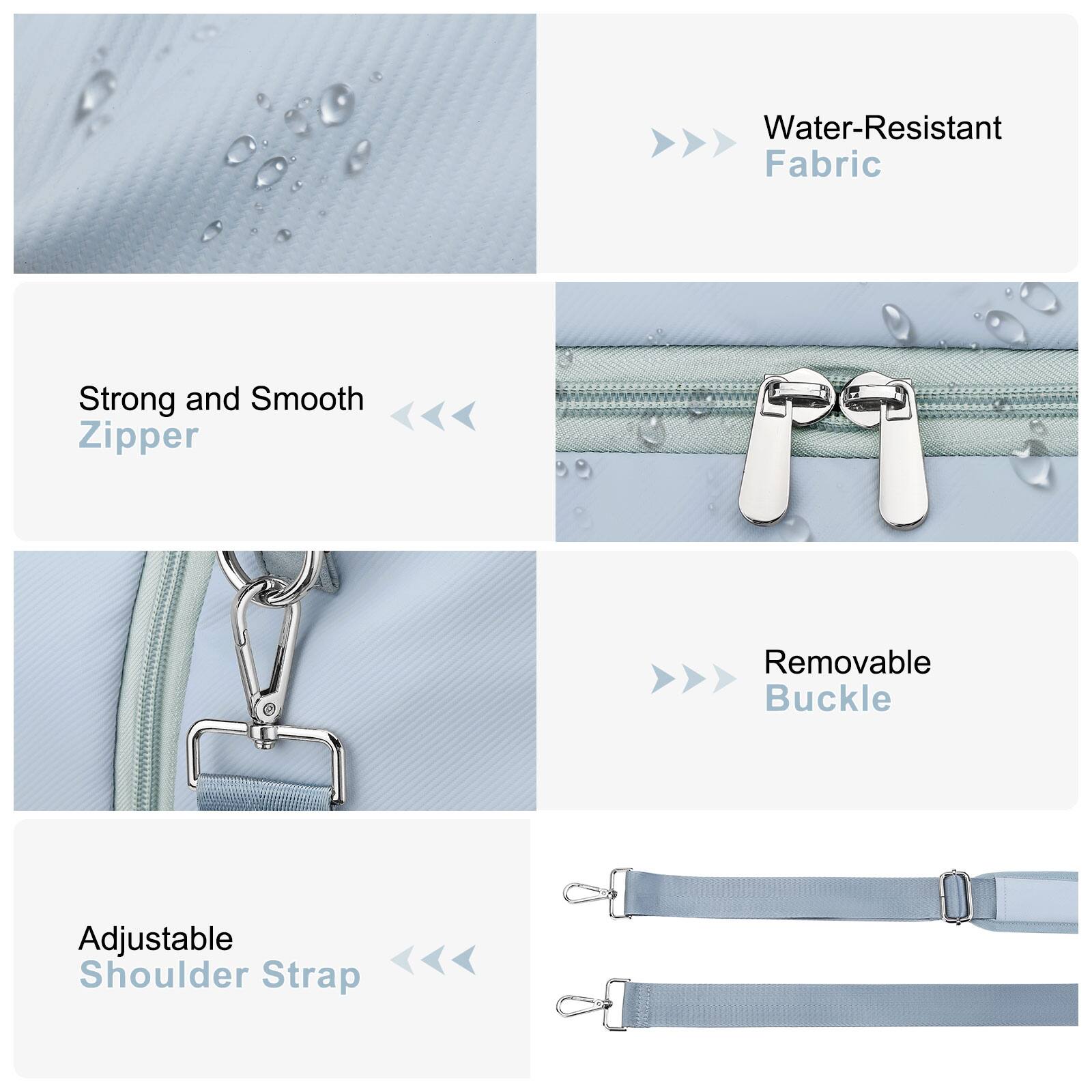 - Water-Resistant Fabric
- Strong and Smooth Zipper
- Removable Buckle
- Adjustable Shoulder Strap