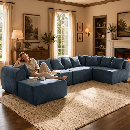 Front. Anysun - Modern Modular Convertible Sectional Sofa – 8-Seater U-Shaped Couch with Ottoman, 1500 lbs Capacity, Chenille Fabric - Blue.