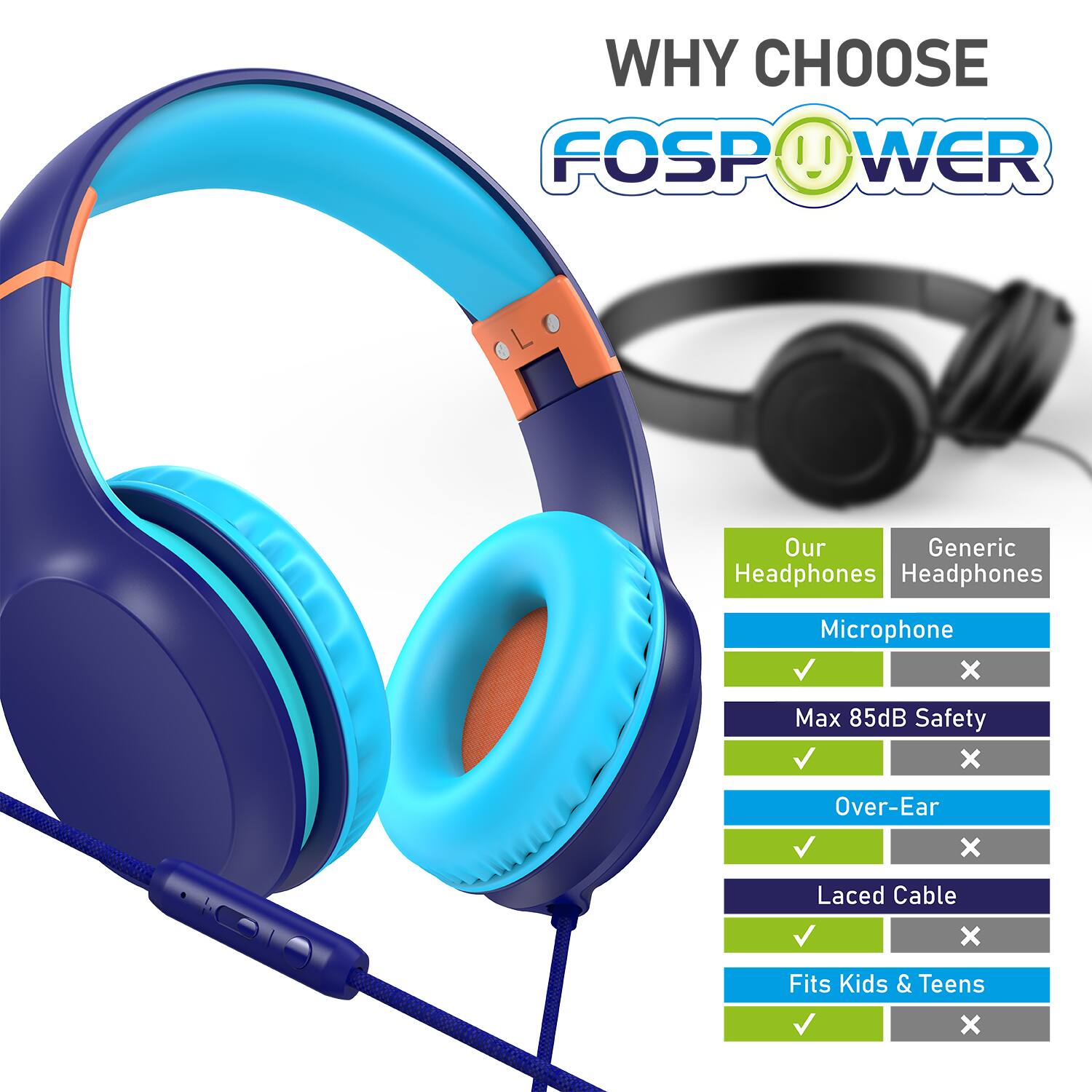 WHY CHOOSE FOSP 11 WER Our Headphones Microphone Max 85dB Safety Over-Ear Laced Cable Fits Kids & Teens Generic Headphones x x x x