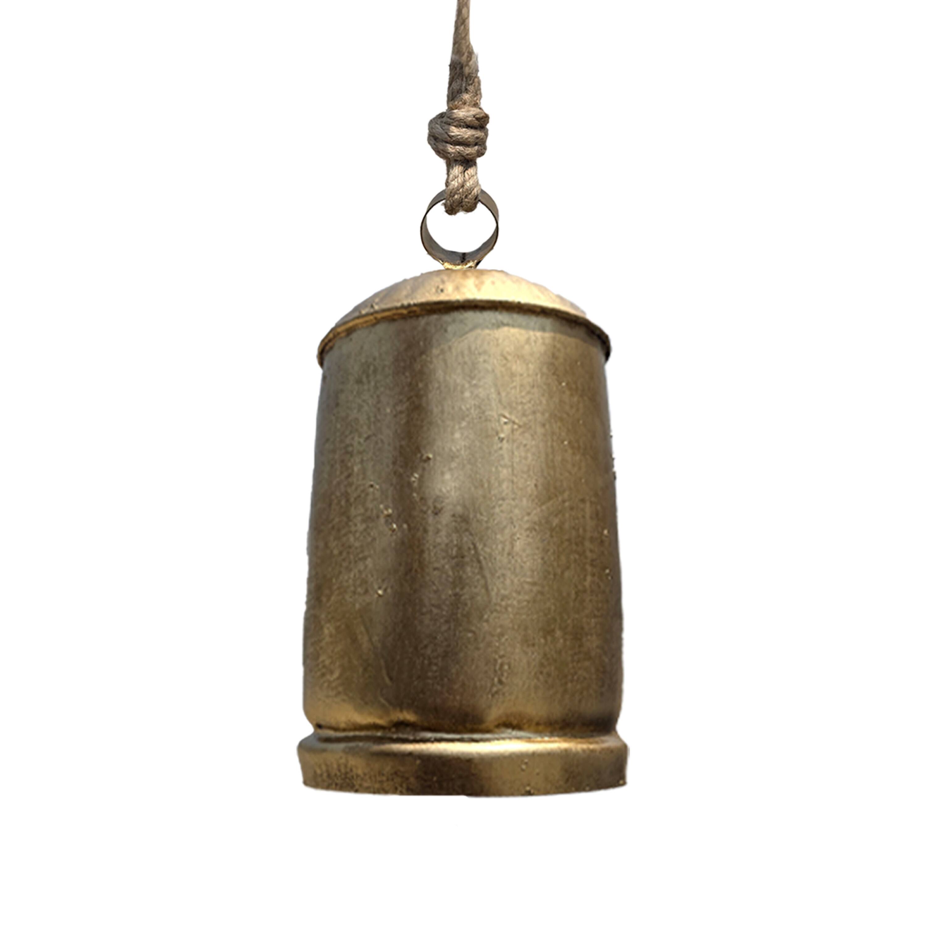 Left. Manhattan Lane - Zaira Decorative Iron Cow Bells Set of 3 | Cylindrical | Antique Gold Finish| Jute Hanging Rope | 20, 15, 12 Inches - Gold.
