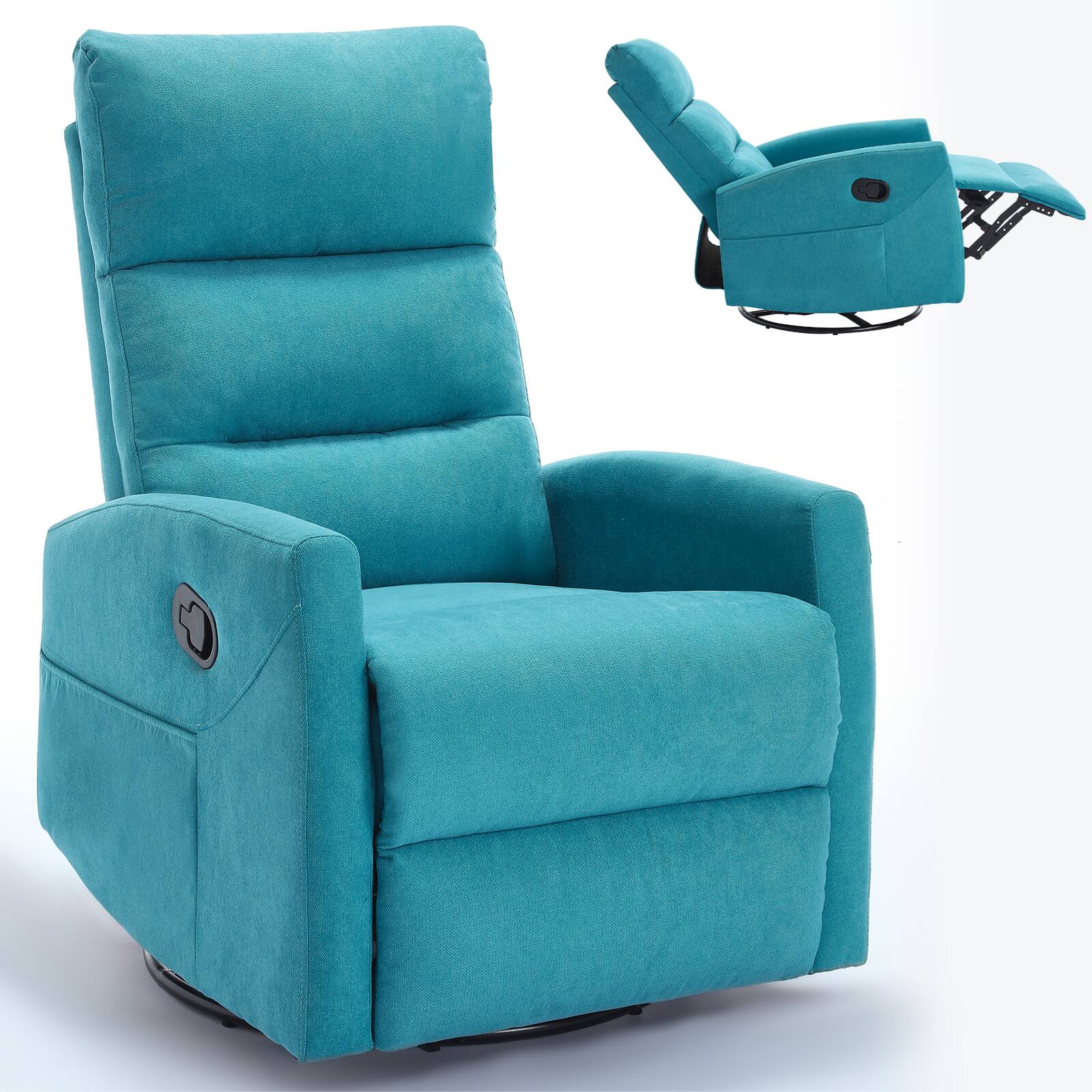 Back. GOODSILO - Manual Recliner Chair with Rocker & Swivel - Fabric Living Room Seating - Blue.