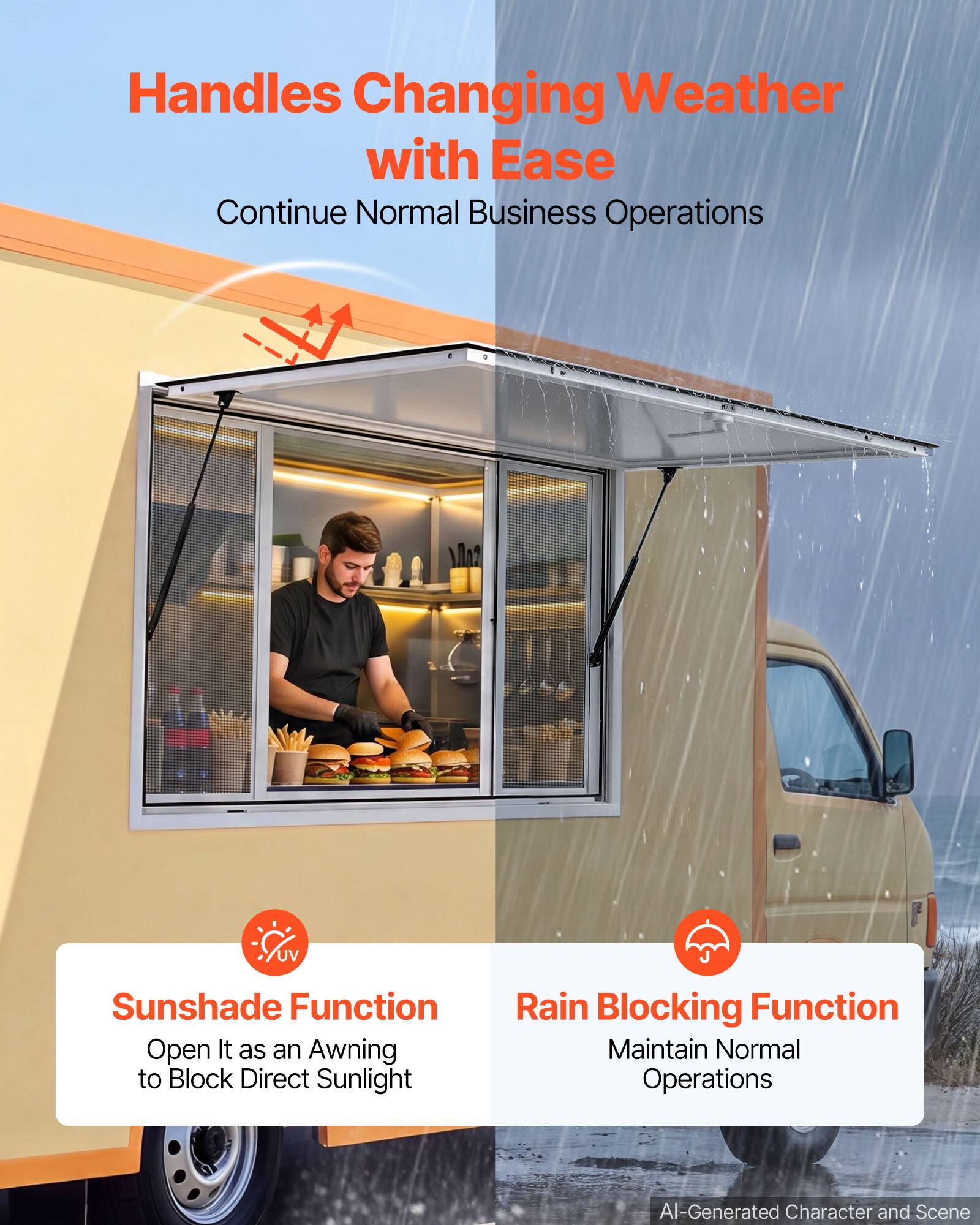 Handles Changing Weather with Ease  
Continue Normal Business Operations  

2 UV Sunshade Function  
Open It as an Awning to Block Direct Sunlight  

Rain Blocking Function  
Maintain Normal Operations  

AI-Generated Character and Scene