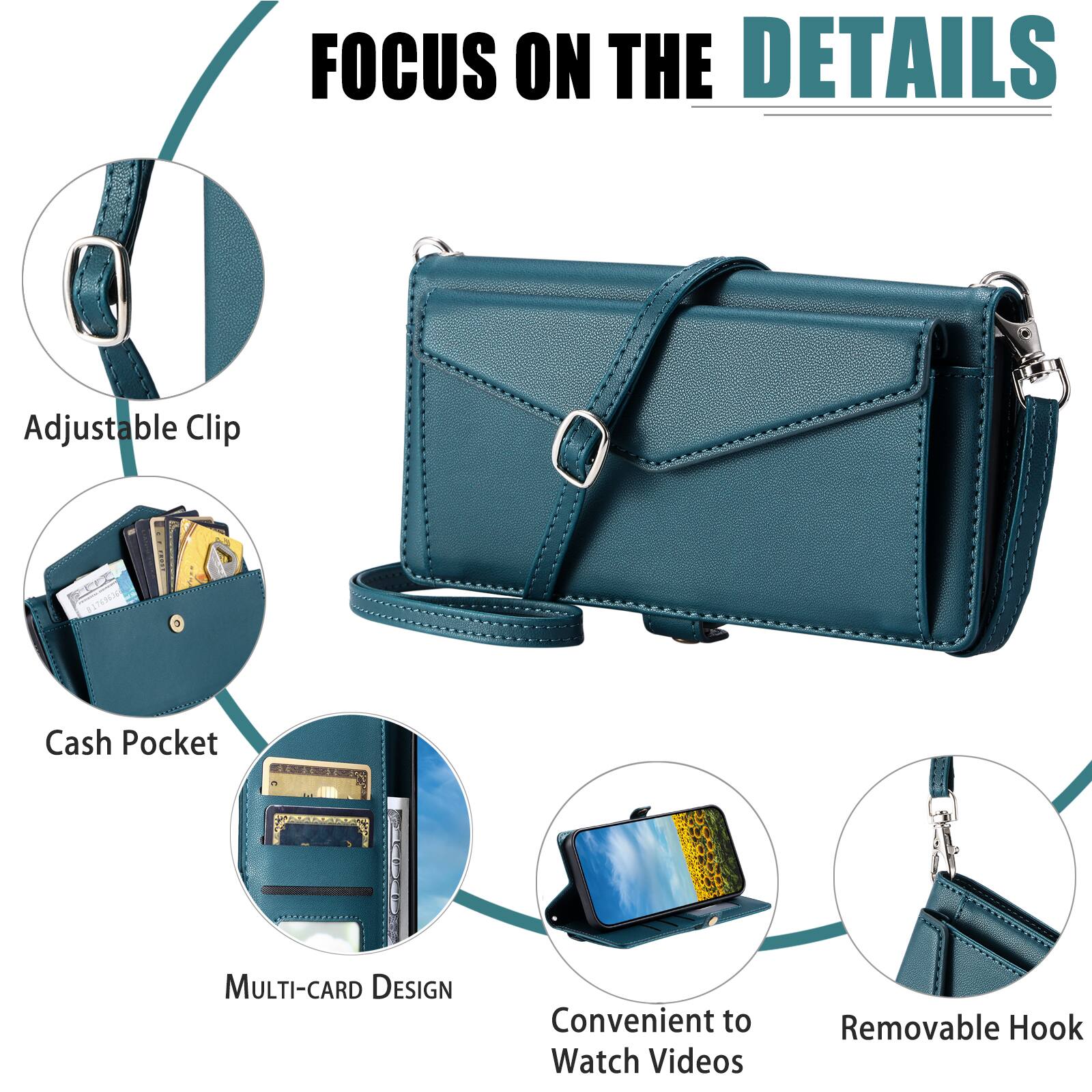 FOCUS ON THE DETAILS

- Adjustable Clip
- Cash Pocket
- MULTI-CARD DESIGN
- Convenient to Watch Videos
- Removable Hook