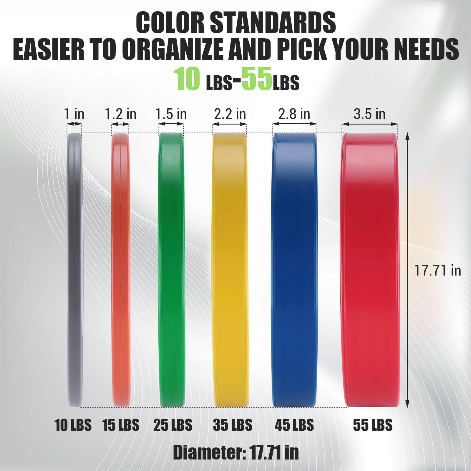 COLOR STANDARDS  
EASIER TO ORGANIZE AND PICK YOUR NEEDS  

10 LBS-55 LBS  

1 in  
1.2 in  
1.5 in  
2.2 in  
2.8 in  
3.5 in  

10 LBS  
15 LBS  
25 LBS  
35 LBS  
45 LBS  
55 LBS  

Diameter: 17.71 in