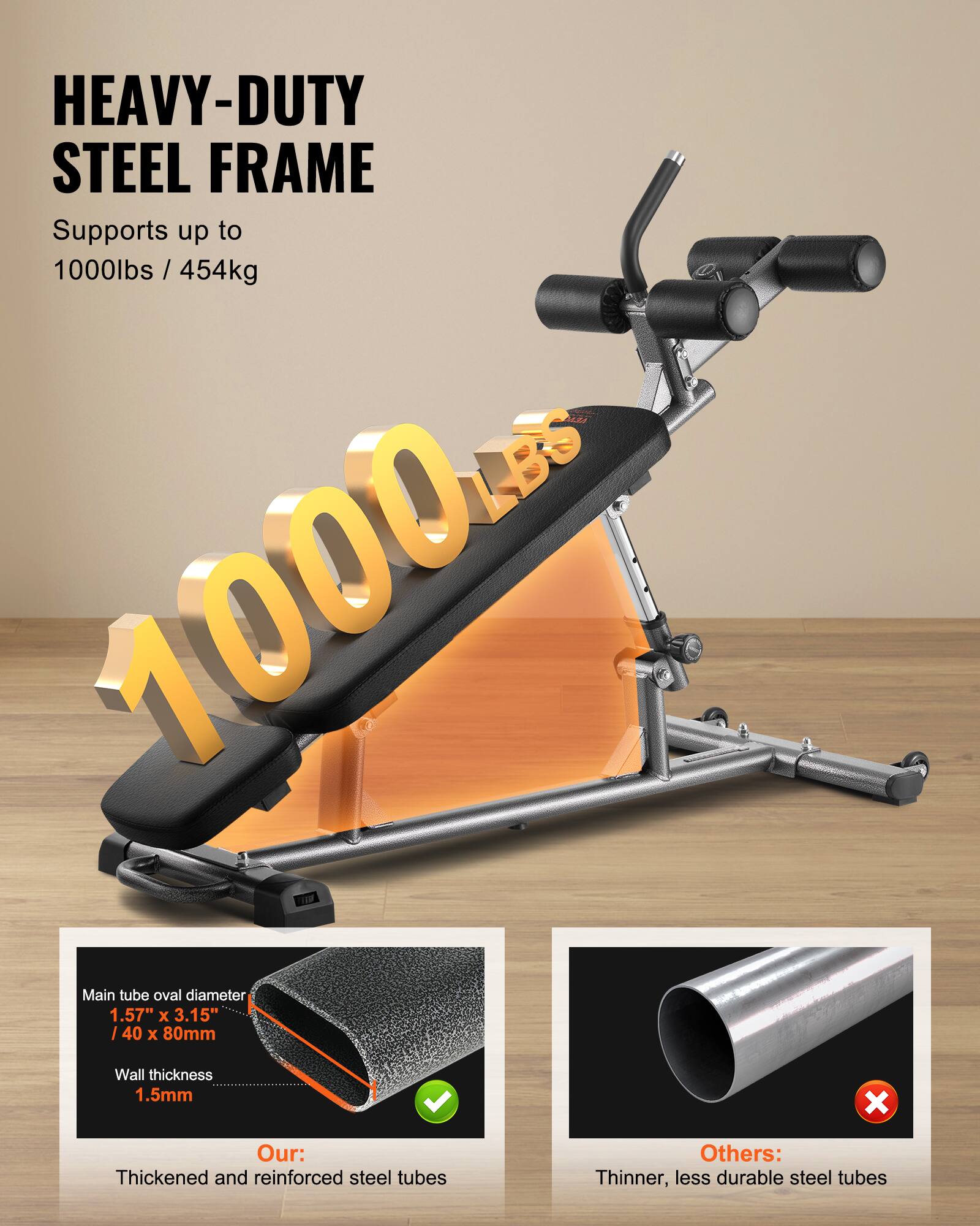 HEAVY-DUTY STEEL FRAME  
Supports up to 1000lbs / 454kg  

Main tube oval diameter  
1.57" x 3.15" / 40 x 80mm  
Wall thickness 1.5mm  

Our: Thickened and reinforced steel tubes  
Others: Thinner, less durable steel tubes