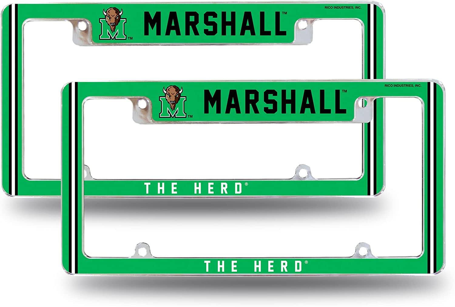 Marshall NCAA Thundering Herd (Set of 2) Chrome Metal License Plate Frames with Bold Full Frame Design