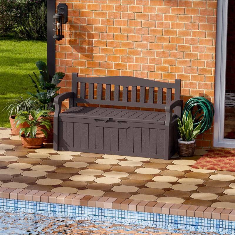 Left. SlickBlue - Heavy Duty Plastic Outdoor Storage Bench for Garden, Patio, or Deck - Brown.