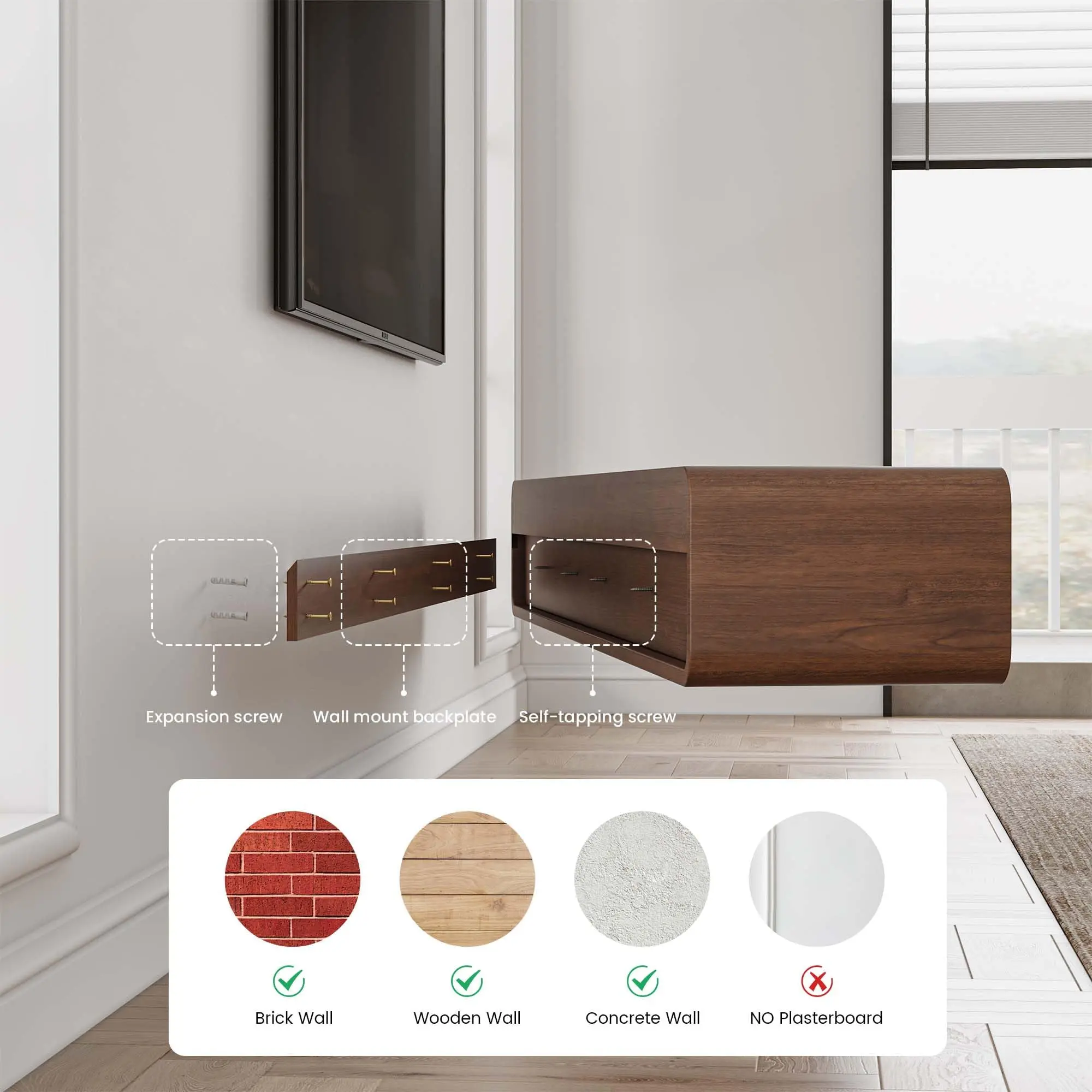 A Expansion screw Wall mount backplate Self-tapping screw X Brick Wall Wooden Wall Concrete Wall NO Plasterboard