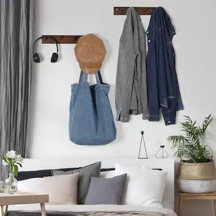 Front. Oumilen - 2 Pack Wood Coat Racks with 4 Hooks Each – Rustic Wall Mount for Hats, Bags, Umbrellas, Home Decor - Rustic Brown.