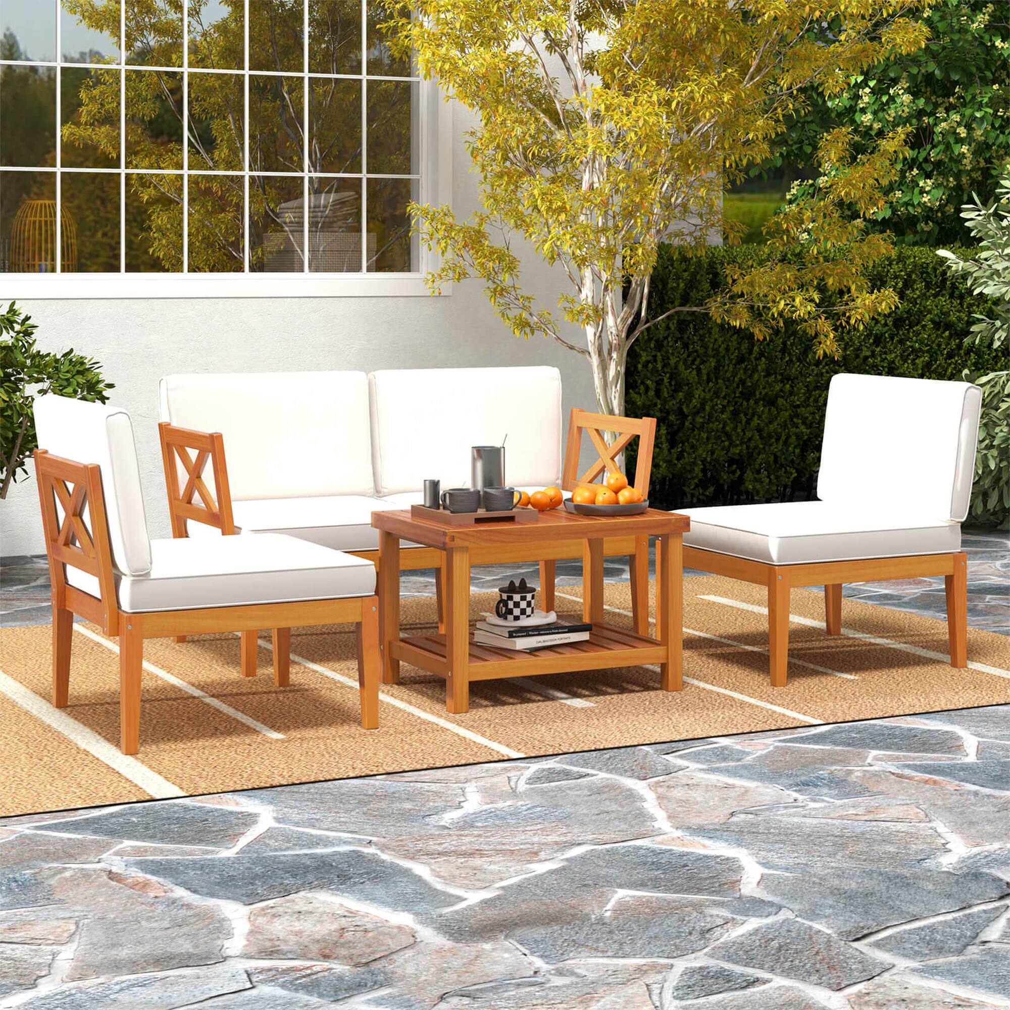 Costway 5 PCS Acacia Wood Patio Furniture Set with Cushions and 2 Tier