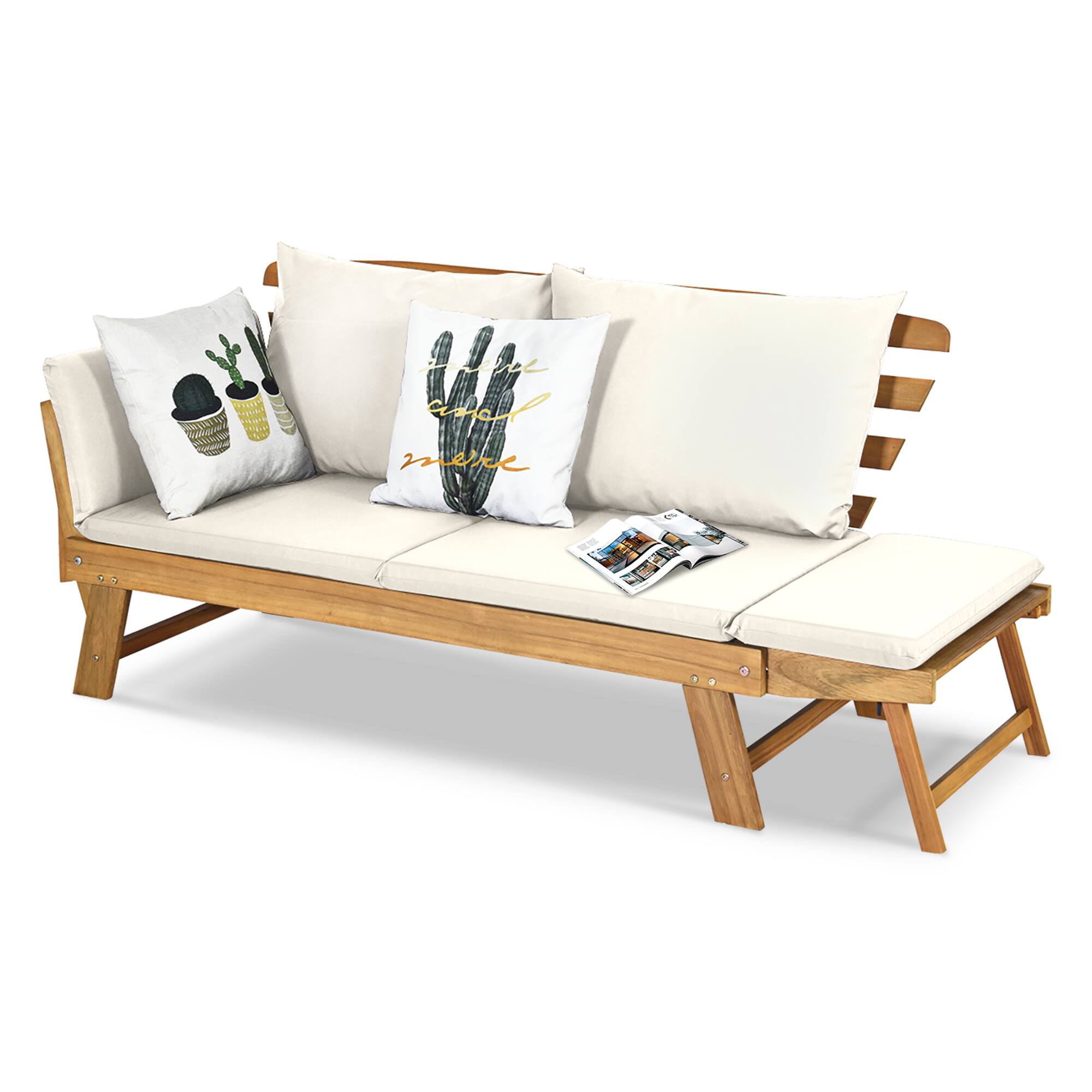 Alt View 9. Gymax - Gymax Adjustable Patio Sofa Daybed Acacia Wood Furniture w/ White Cushions - as pic.