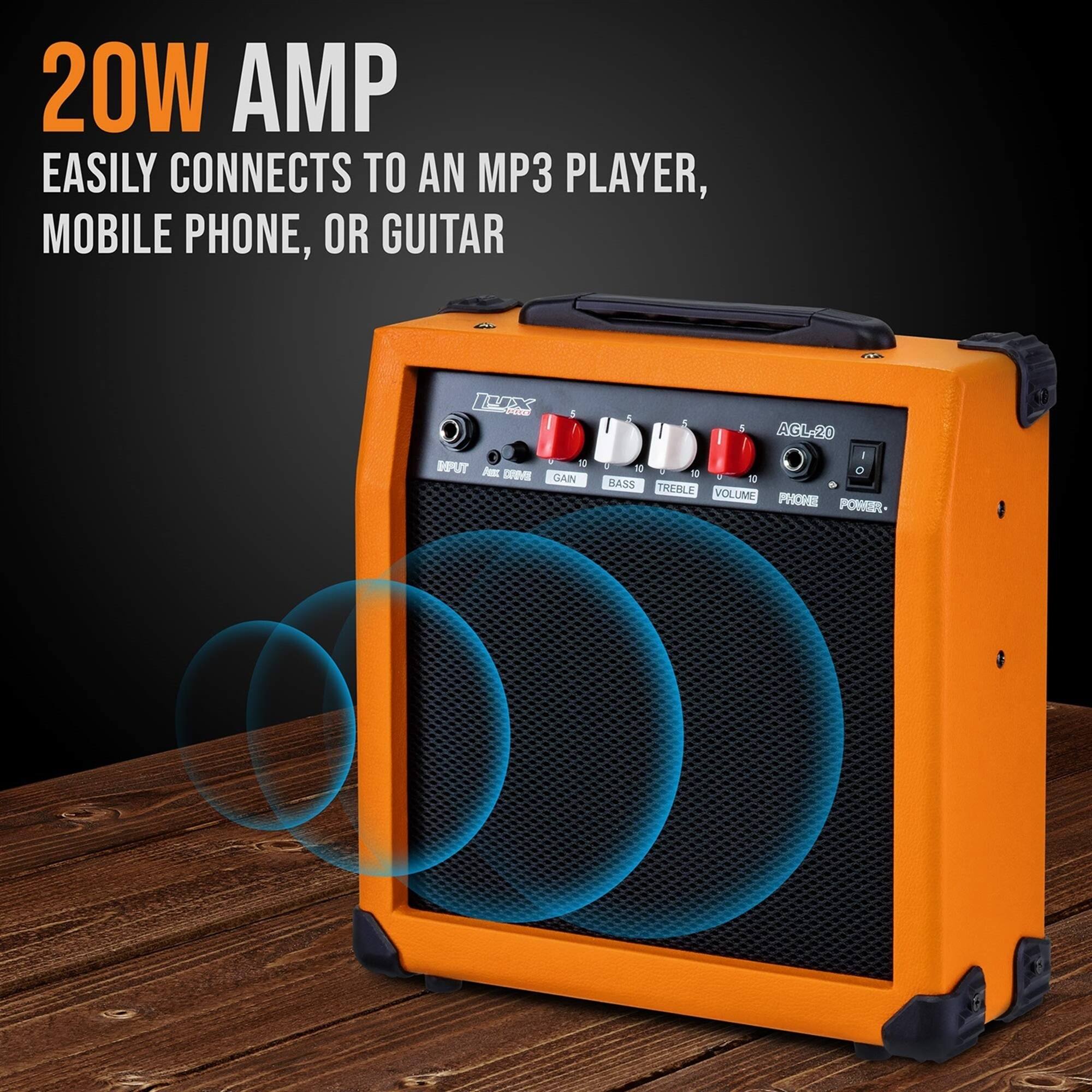 20W AMP EASILY CONNECTS TO AN MP3 PLAYER, MOBILE PHONE, OR GUITAR

INPUT GAIN BASS TREBLE VOLUME PHONE POWER