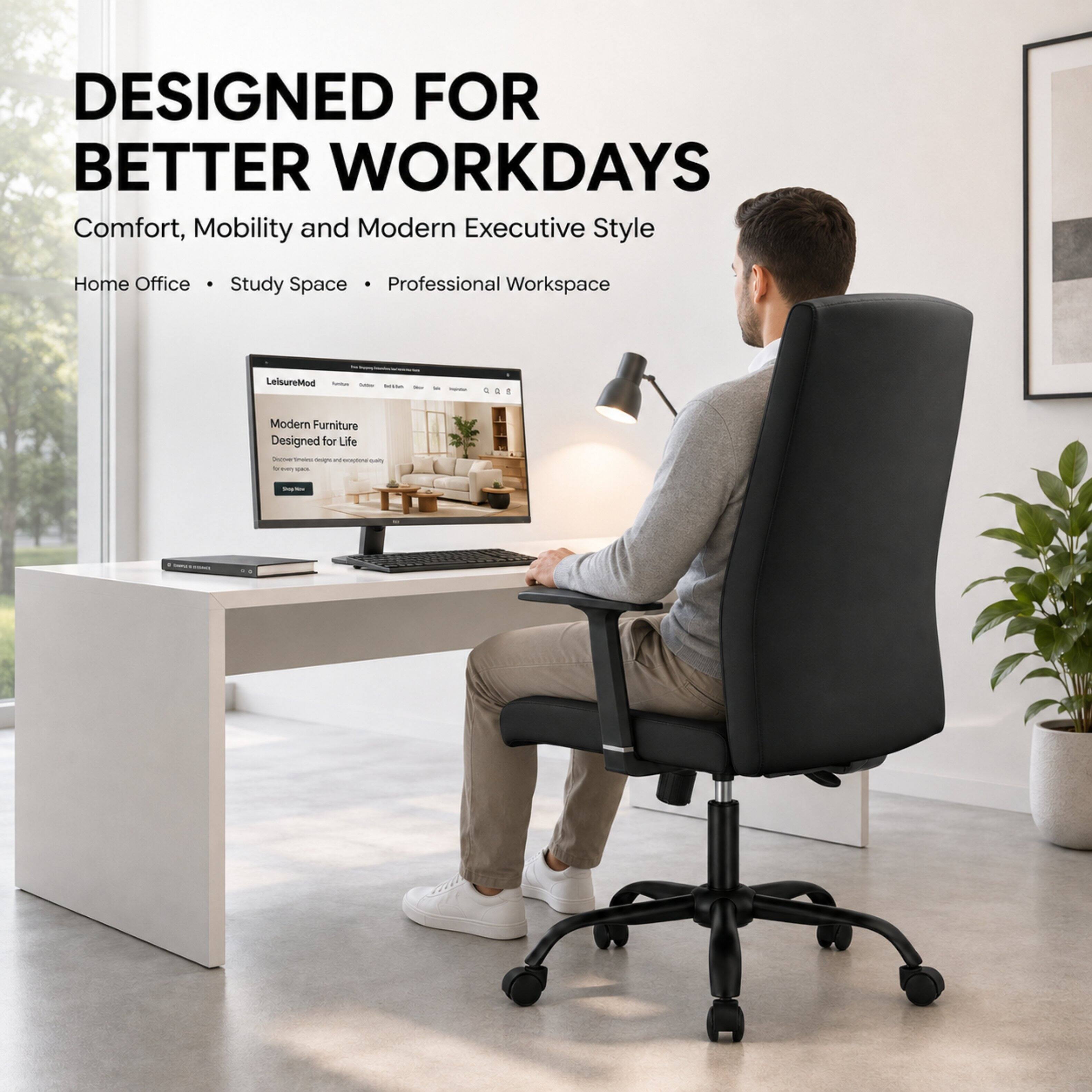 DESIGNED FOR BETTER WORKDAYS  
Comfort, Mobility and Modern Executive Style  
Home Office • Study Space • Professional Workspace  
LeisureMod - Sutter  
Modern Furniture Designed for Life 2020  
Share being REDOS pino To - para your -