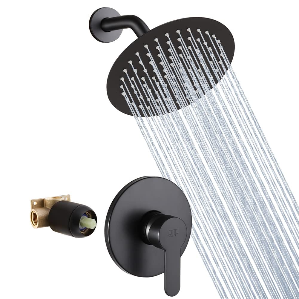Paradigms Interiors - Shower Faucet Set Bathroom Rainfall System Wall Mounted Head And Handle Single Function Trim Kit With Rough - Black-8 Inch