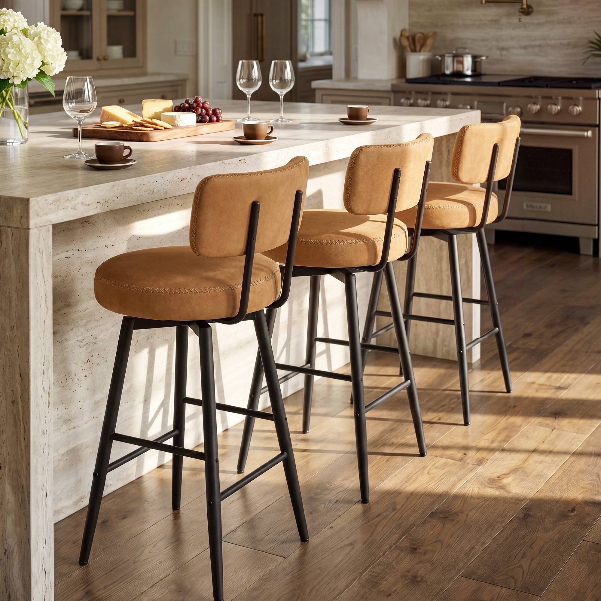 Angle. ModernMate - Brenno 40.55"/36.6" Cognac Swivel Bar Stools with High Back and Metal Frame Counter Stools for Kitchen Island (Set of 2) - Cognac.