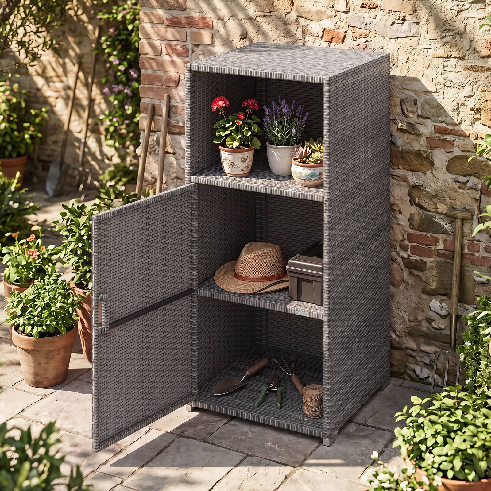 Alt View 5. Costway - Costway Outdoor Storage Cabinet PE Wicker Buffet Sideboard with Shelf Open & Compartment - Gray.