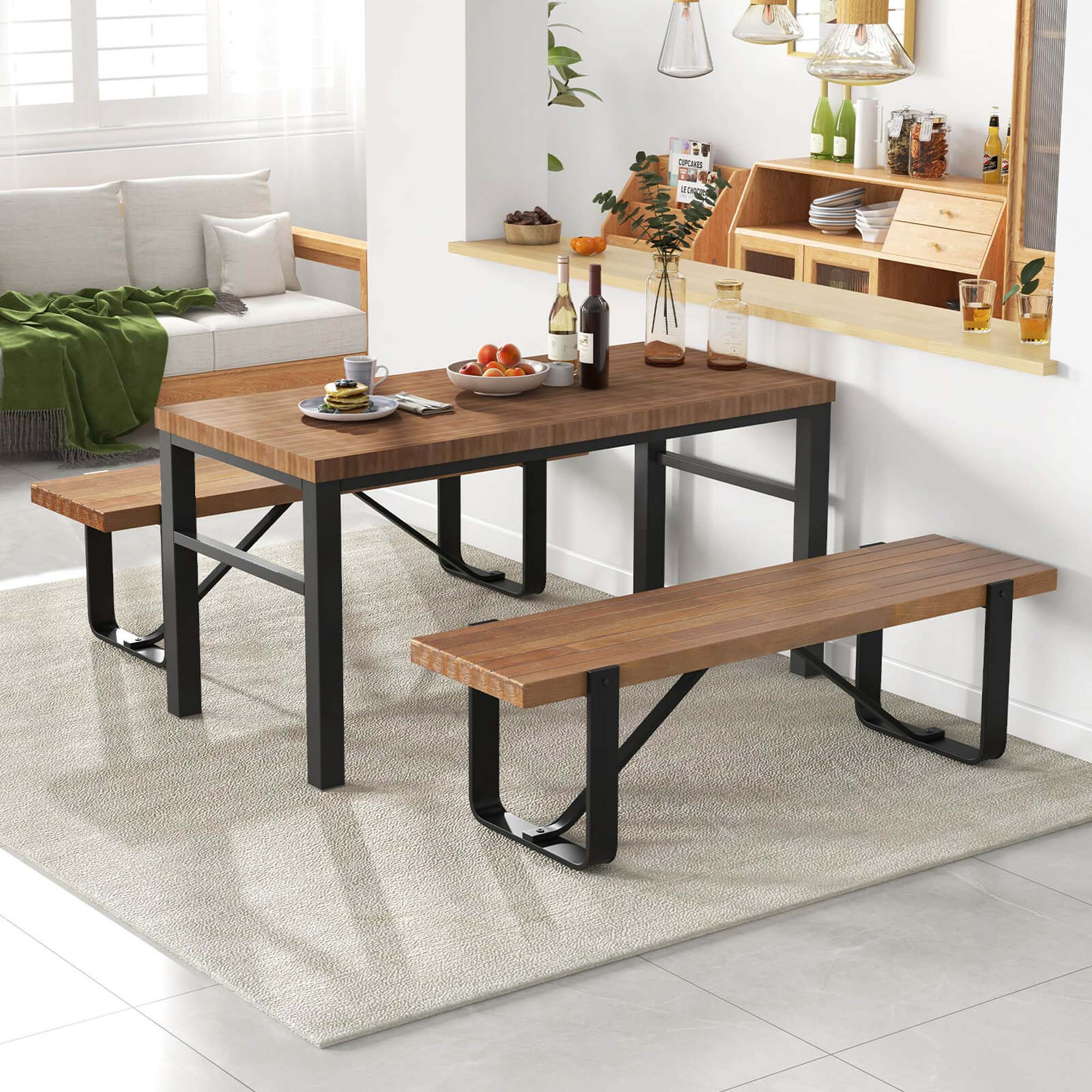 Angle. Costway - 60" Long Hallway Bench Entryway Bench with Metal Frame Farmhouse Wooden Shoe Rack - Natural.