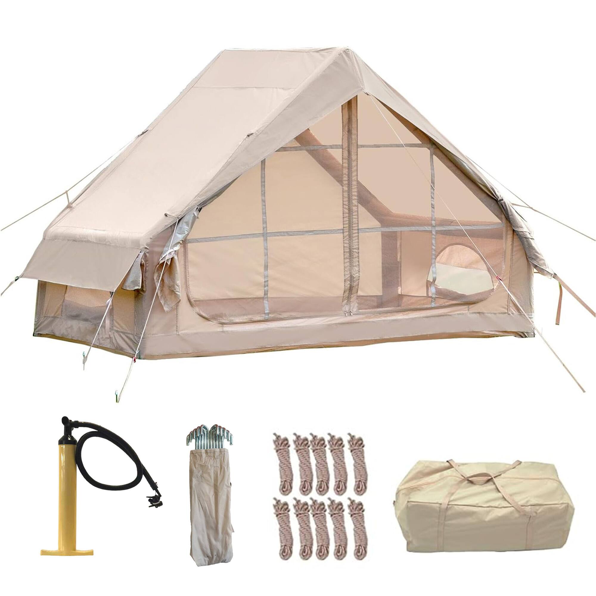 Front. Ecooso - Inflatable Tent / Pump, 4-6 Person Glamping Tent, Easy Setup, 4-Season Waterproof Luxury Outdoor Tent with Mesh Windows - khaki.