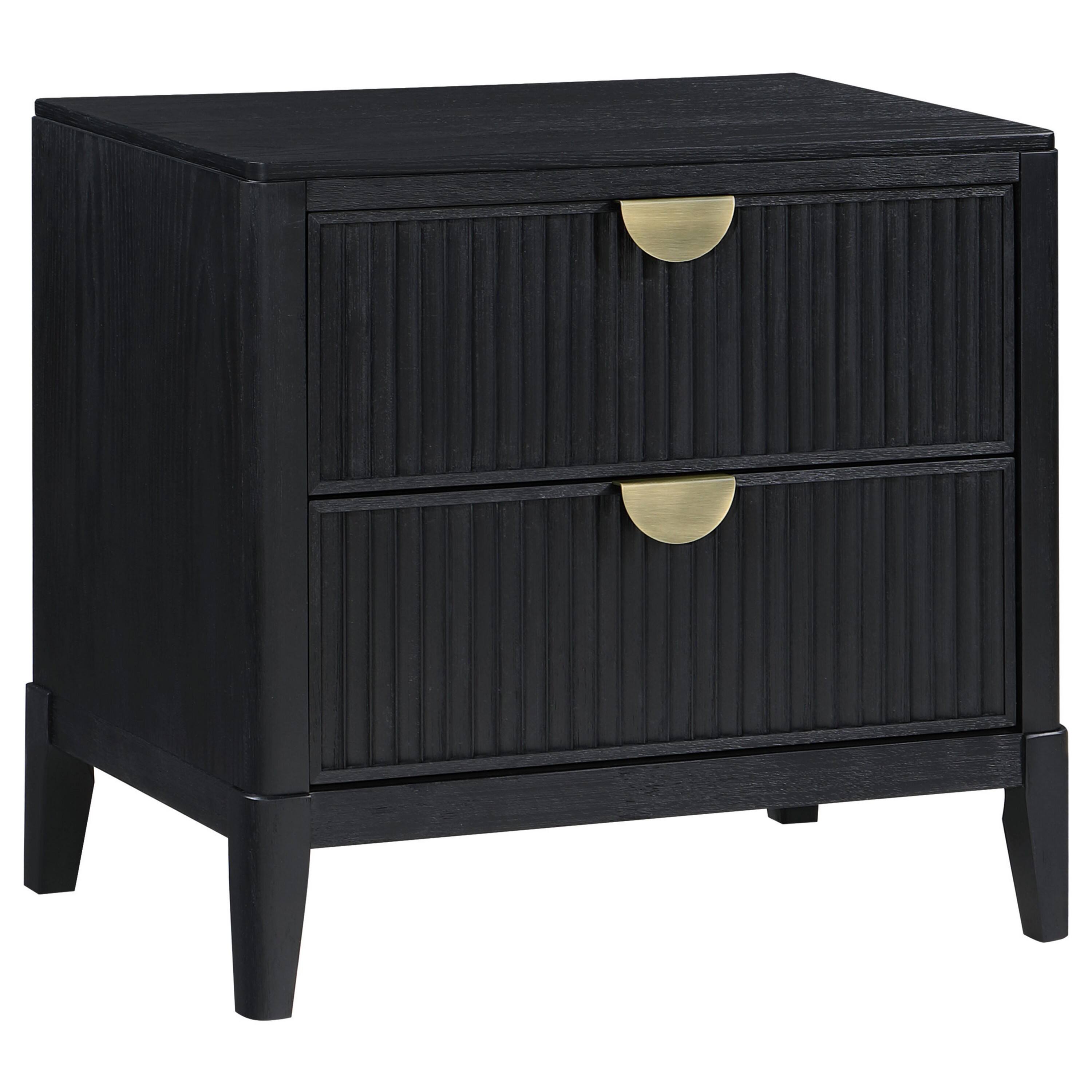 Front. Manhattan Lane - Jack Nightstand, 2 Drawers,  Metal Handles, Wire Brushed  Wood - Black, Gold.