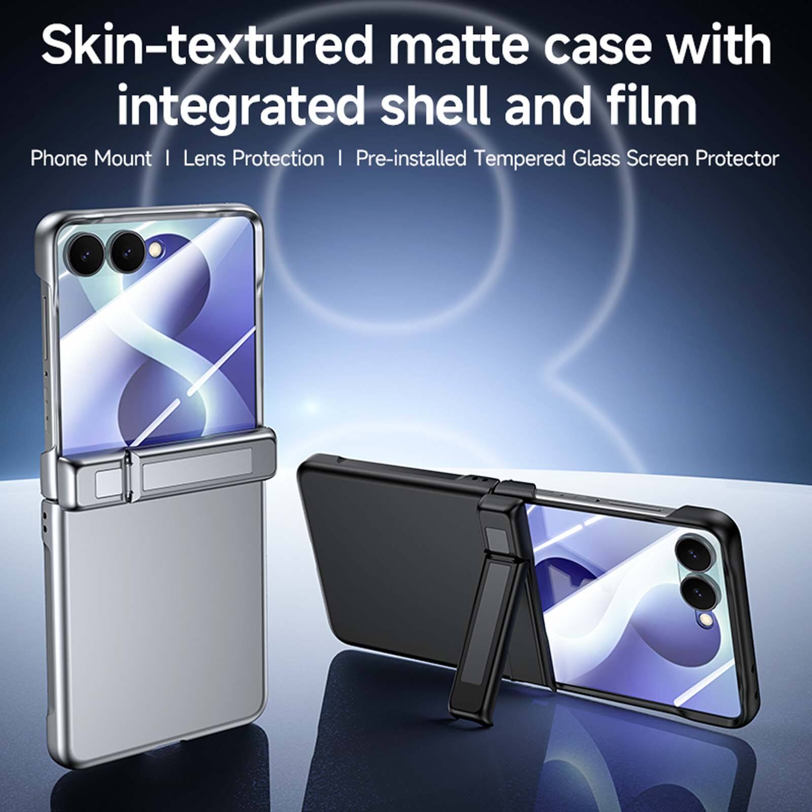 Skin-textured matte case with integrated shell and film  
Phone Mount | Lens Protection | Pre-installed Tempered Glass Screen Protector