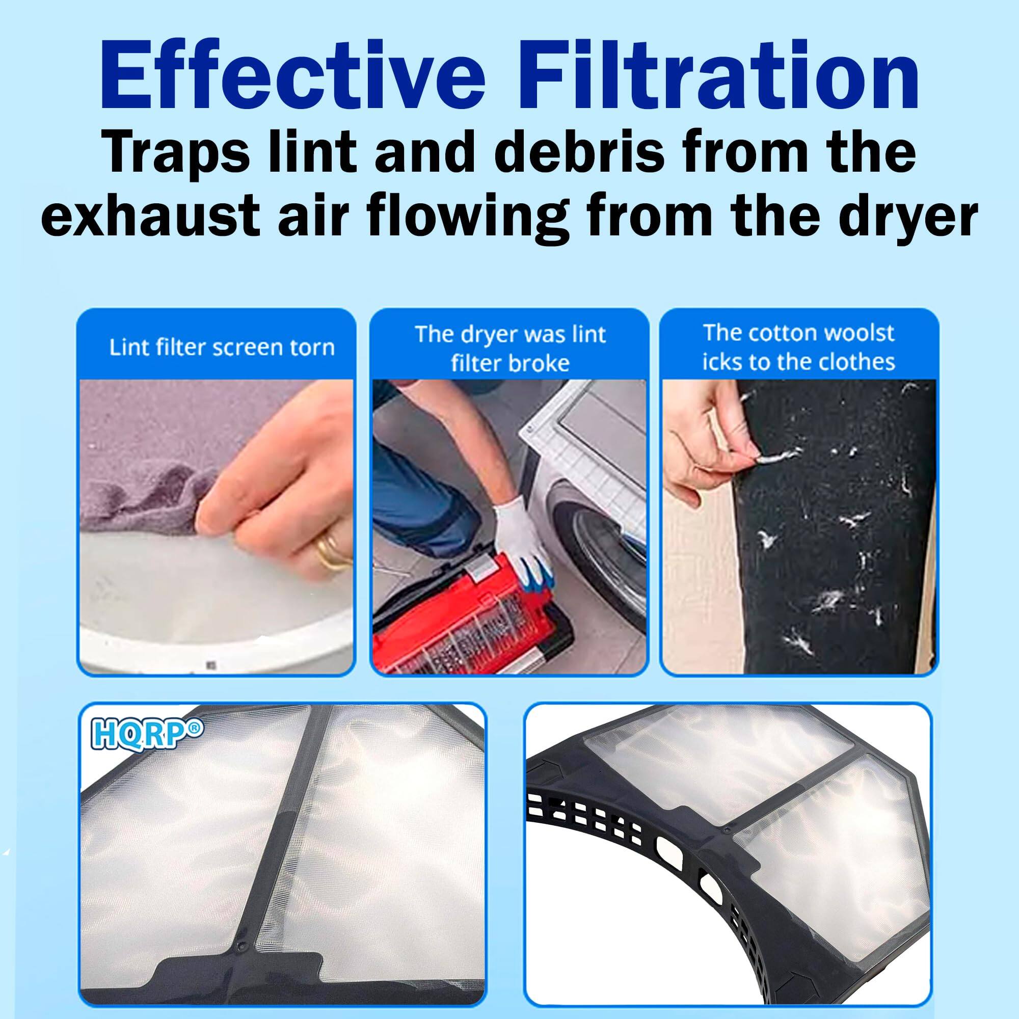 Effective Filtration  
Traps lint and debris from the exhaust air flowing from the dryer

- Lint filter screen torn
- The dryer was lint filter broke
- The cotton wool sticks to the clothes

HQRP®