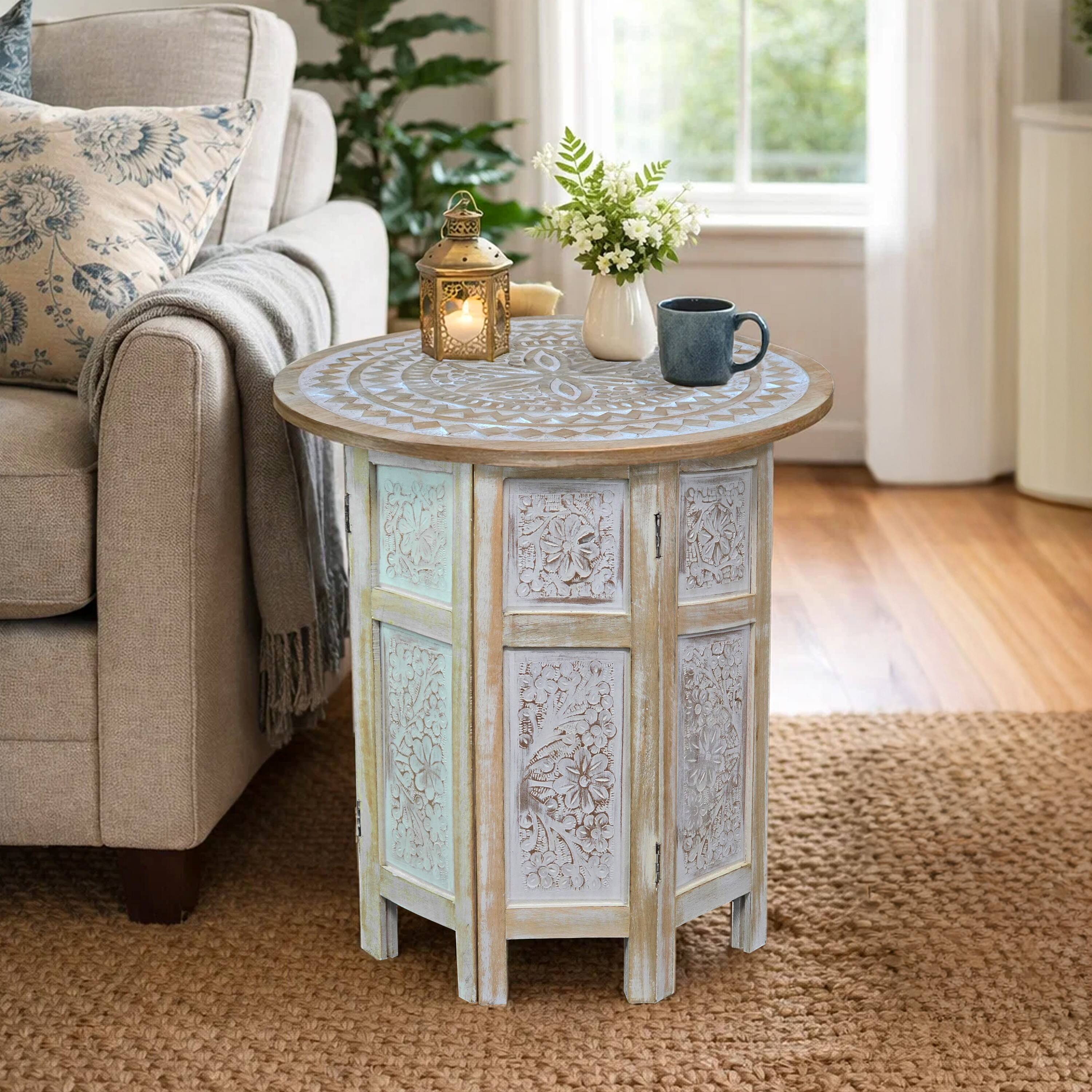 Alt View 10. Manhattan Lane - Accent Side Table, Mango Wood 18 Inch Round Top, Hand Carved Inlay Mandala Design - Washed White.