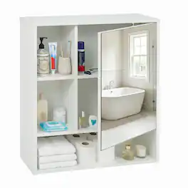 Costway - Bathroom Mirror Cabinet with 2 Hidden Storage Shelves, 3 Open Storage Compartments - White