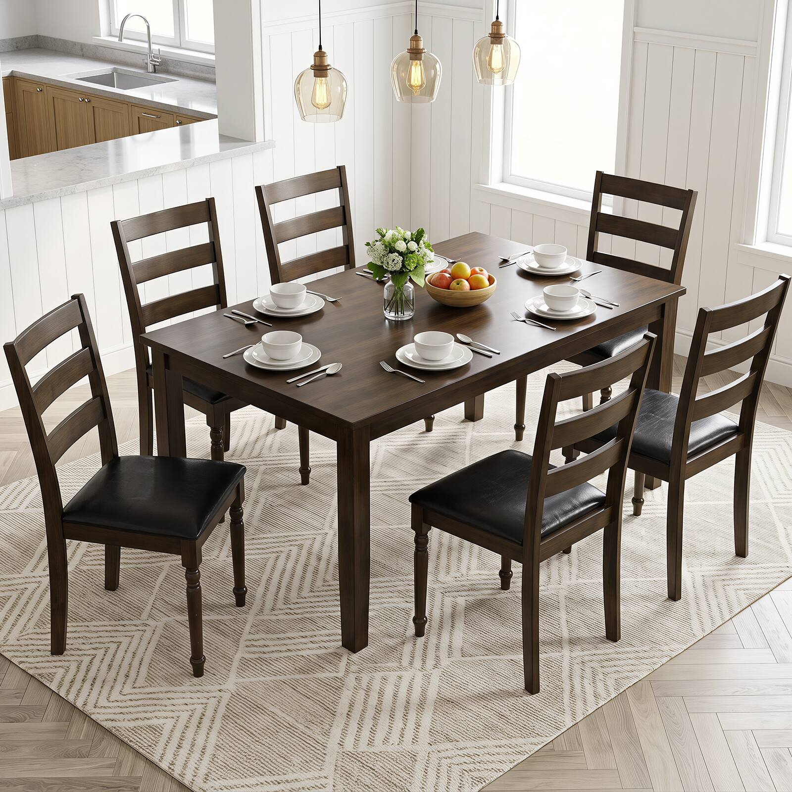 Alt View 4. Gymax - Gymax 4PCS Farmhouse PU Leather Upholstered Dining Chairs w/Ladder Back Padded Seat Brown & Black - Brown.