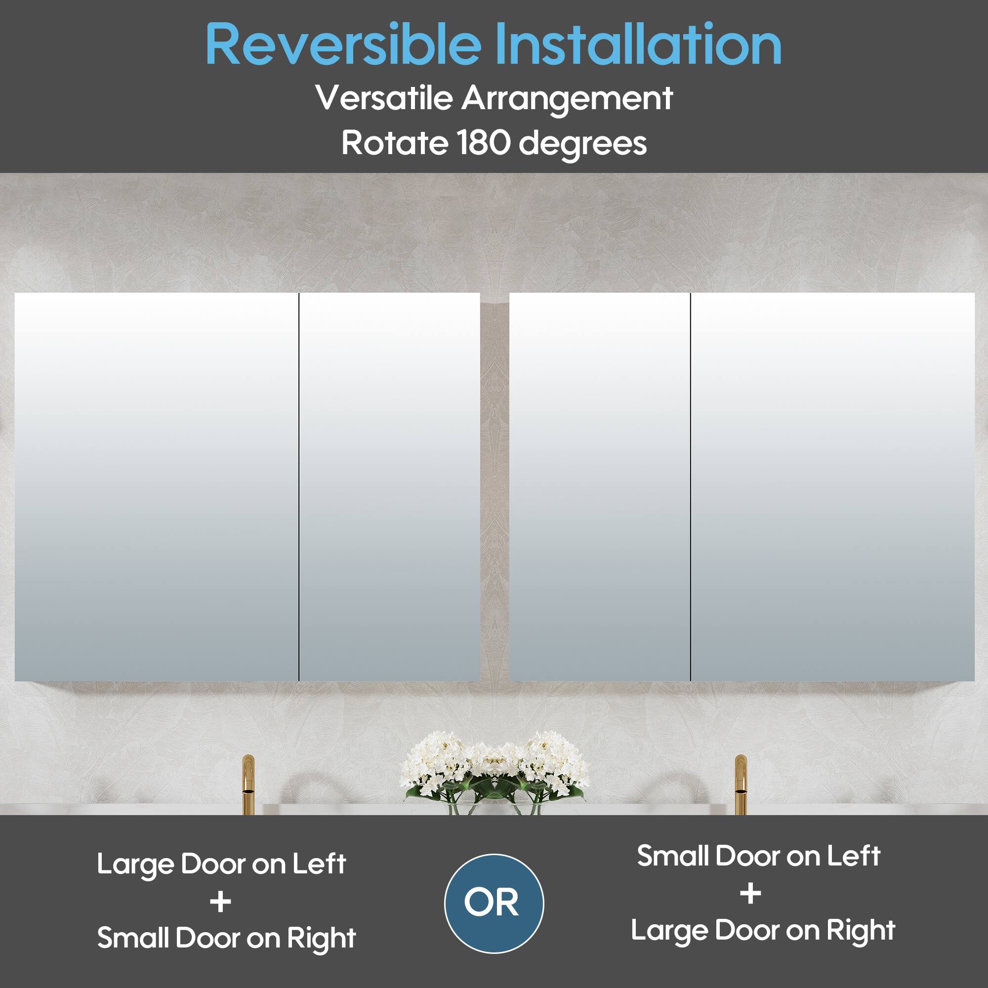 Reversible Installation  
Versatile Arrangement  
Rotate 180 degrees  

Large Door on Left + Small Door on Right  
OR  
Small Door on Left + Large Door on Right