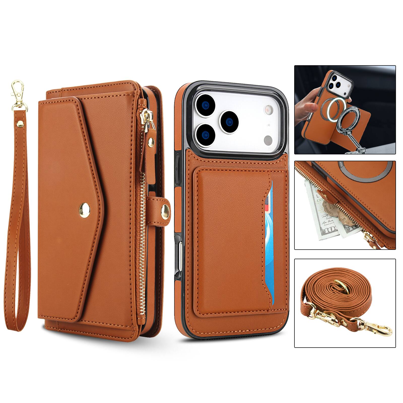 Alt View 5. Dteck - Crossbody RFID Blocking Zipper Wallet Card For iPhone 17 Pro Max Handbag Magnetic Kickstand Wrist Strap Case - Brown.