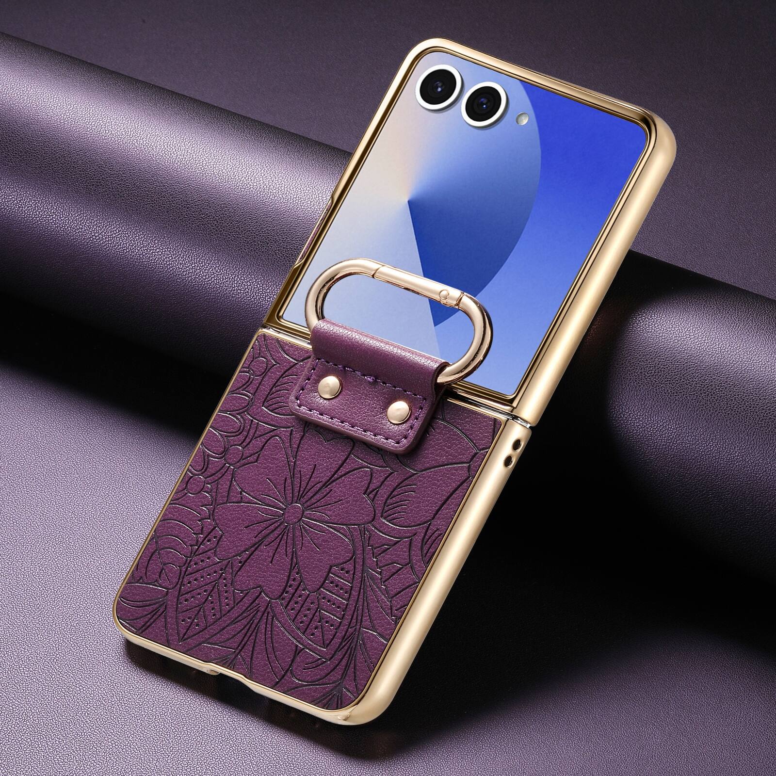 Alt View 2. Dteck - Shockproof Floral Leather Texture Case for Samsung Galaxy Z Flip8, Electroplated Rigid Plastic Cover with Ring Holder - Purple.