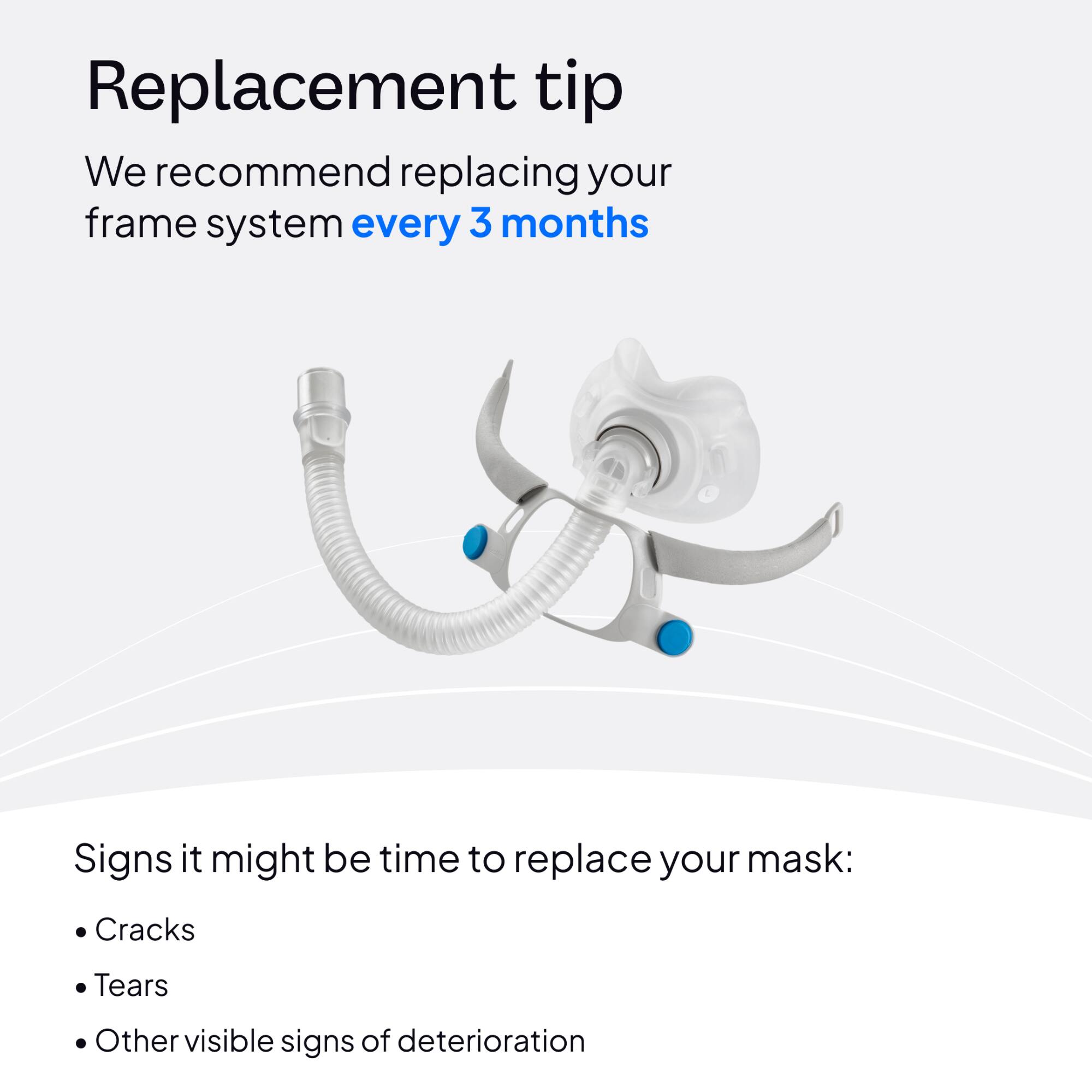 Replacement tip  
We recommend replacing your frame system every 3 months

Signs it might be time to replace your mask:  
- Cracks  
- Tears  
- Other visible signs of deterioration