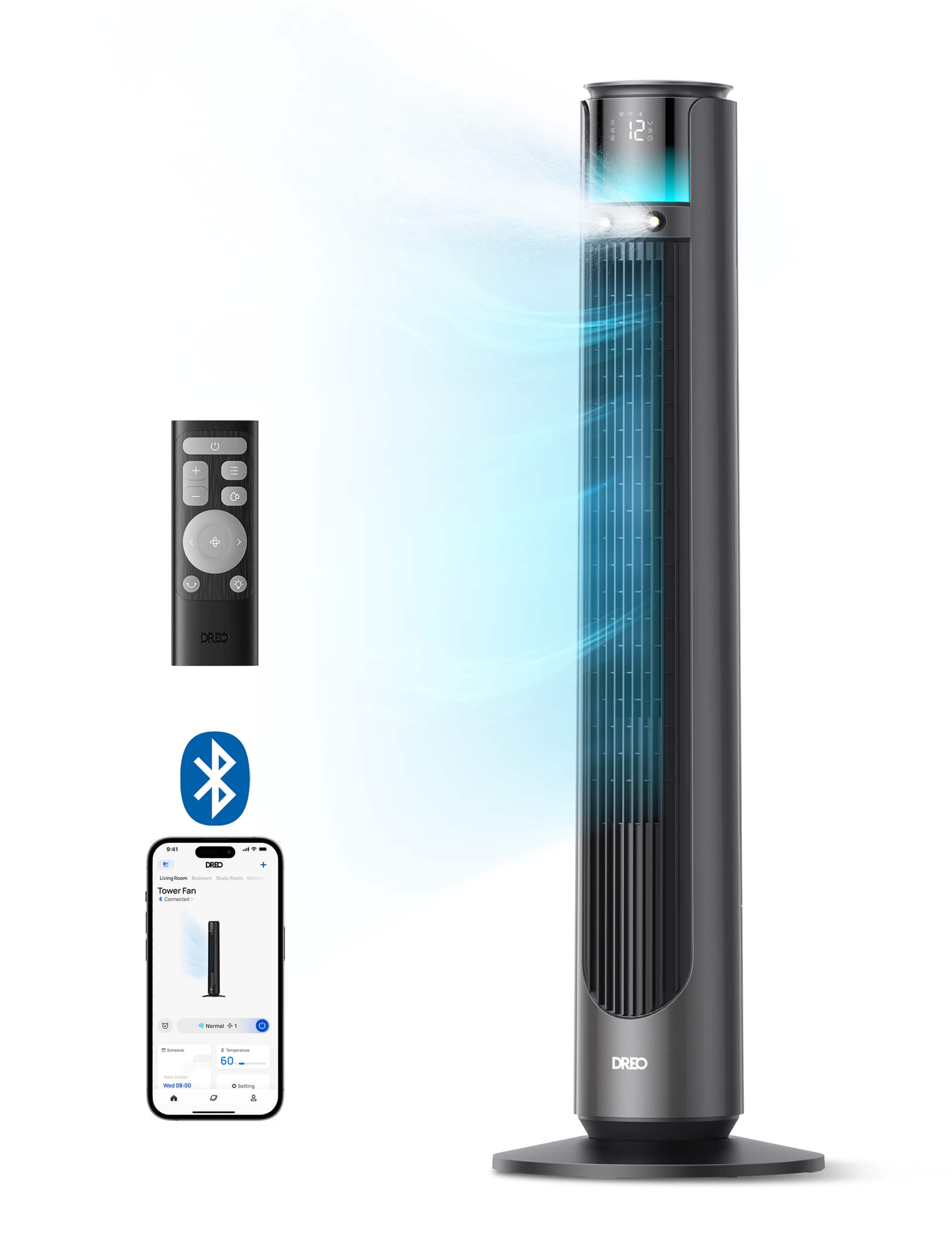 Dreo - 42 in. 12 Speeds Smart Outdoor Misting Tower Fan in Black w/Remote, 20 ft Mist, 150° Oscillation, UV-Resistant - Gray