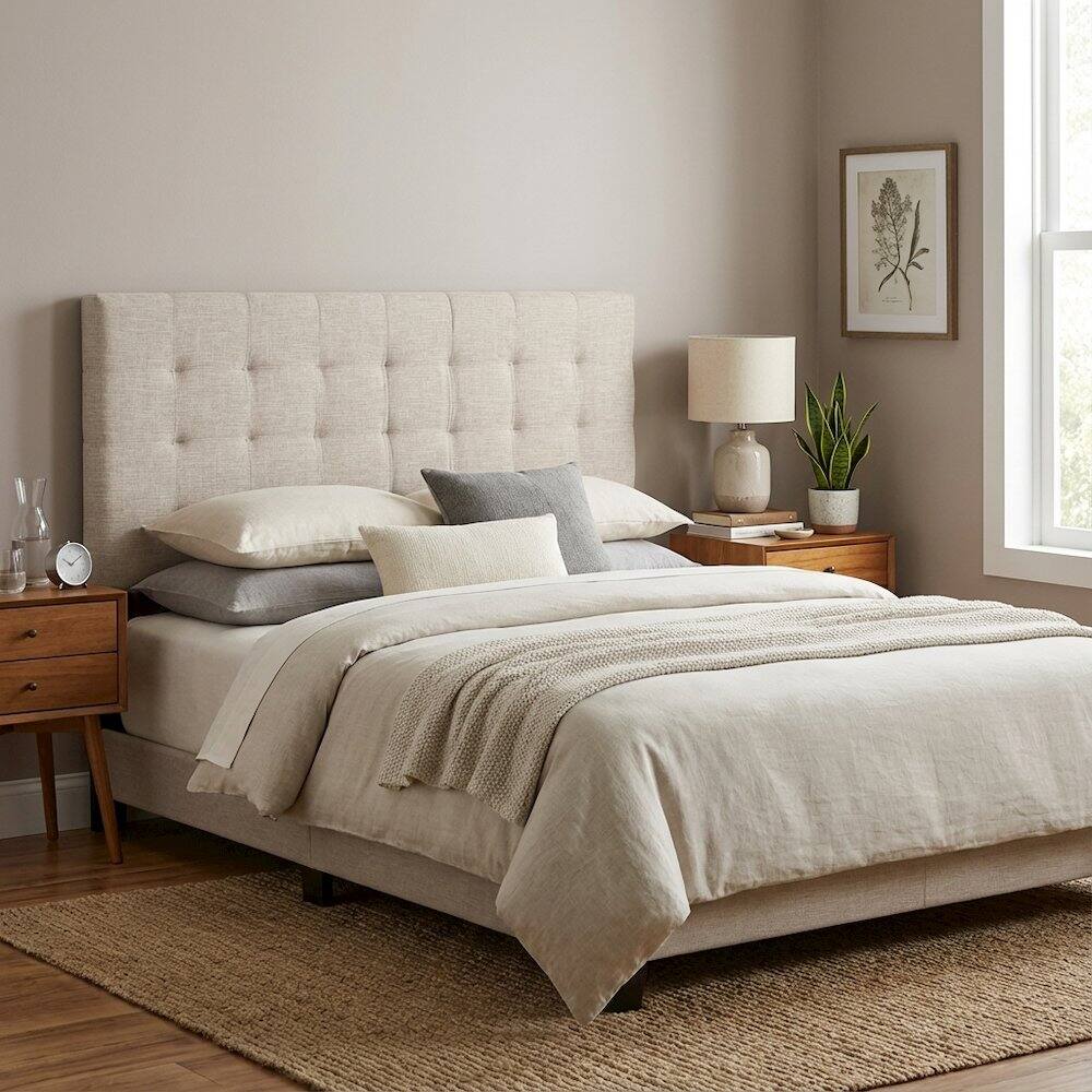 Left. FurniFact - Tufted Upholstered Headboard in Linen Fabric, Elegant Design for King Bed - Beige.