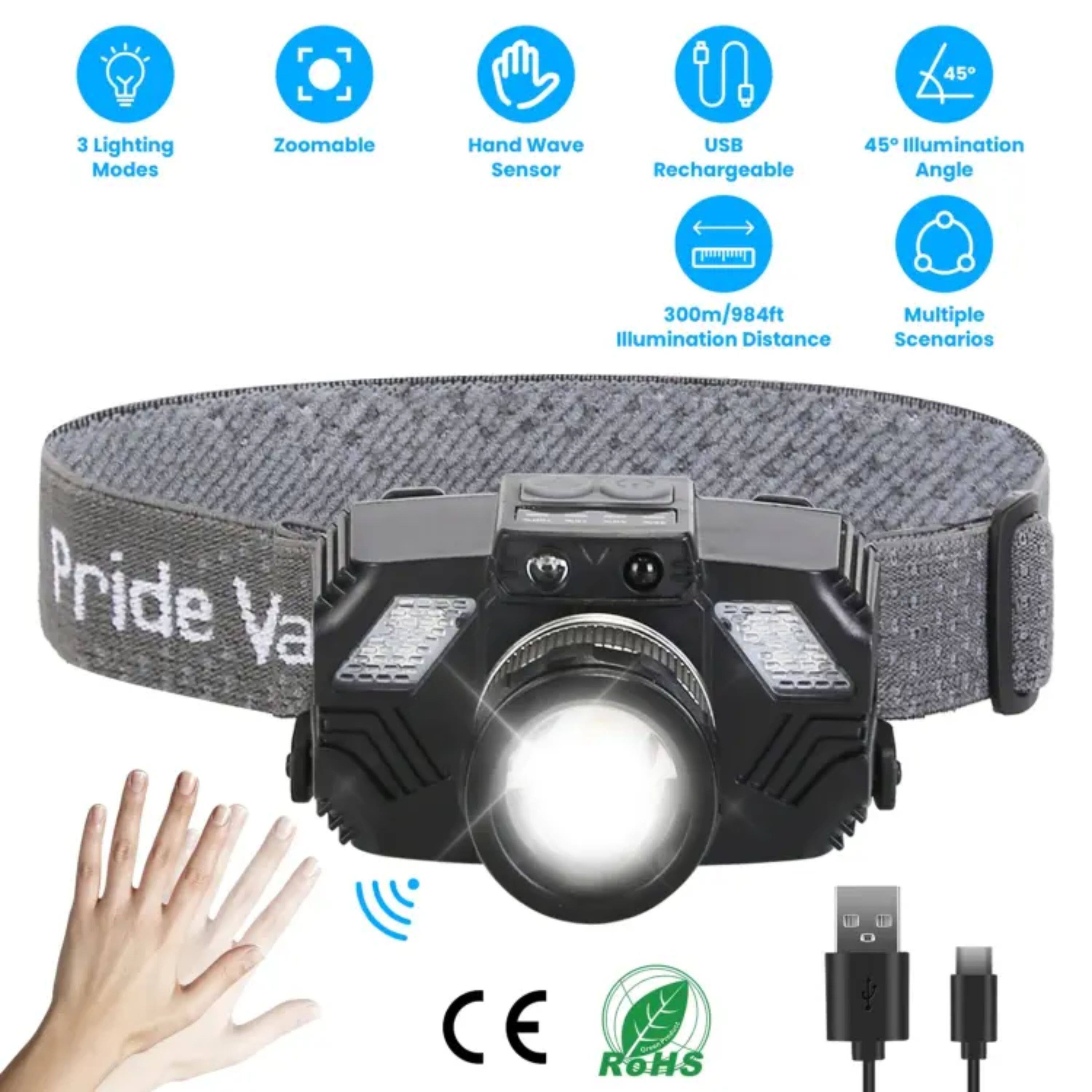 3 Lighting Modes  
Zoomable  
Hand Wave Sensor  
USB Rechargeable  
45° Illumination Angle  
300m/984ft Illumination Distance  
Multiple Scenarios  
Pride Va  
CE  
RoHS
