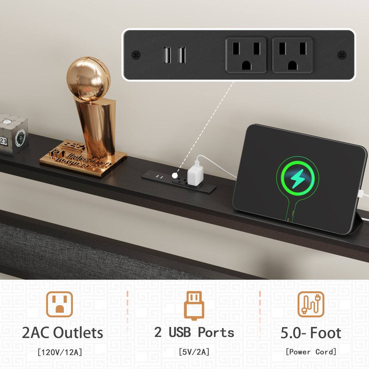 23 Houteta 2AC Outlets [120V/12A] 2 USB Ports [5V/2A] 5.0-Foot [Power Cord]