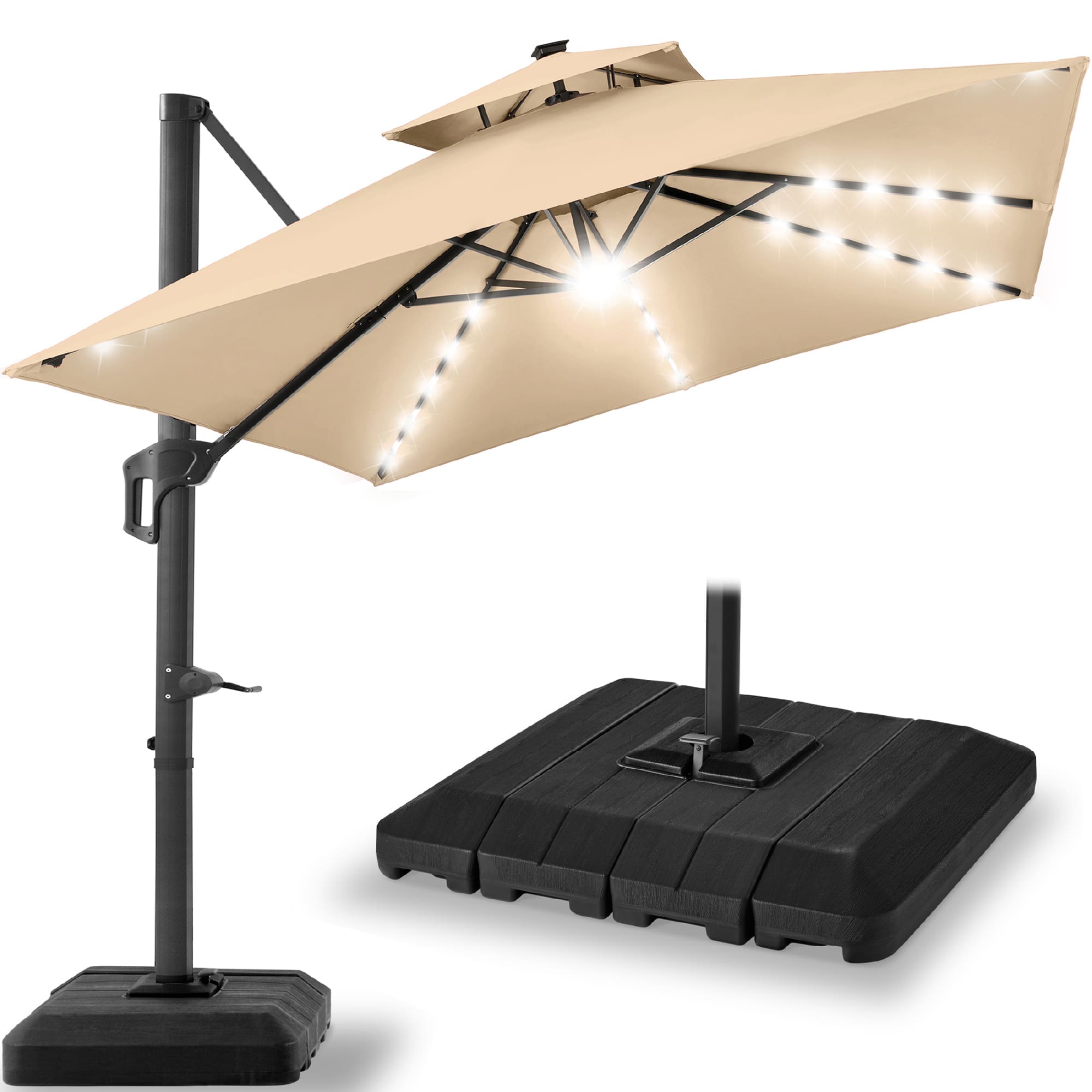 Best Choice Products - 9x12ft 2-Tier Square Outdoor Solar LED Cantilever Umbrella w/ 360-Rotating Base - Sand