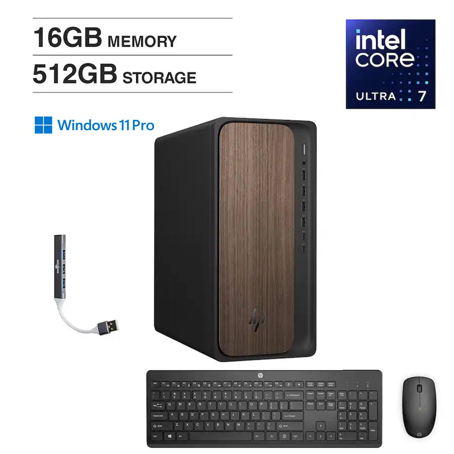 HP - Upgraded - OmniDesk Desktop (Ultra 7-265, 16GB, 512GB SSD, Intel Graphics, WiFi 6, Bluetooth 5.4, Win 11 Pro) w/USB Hub - Dark Wood