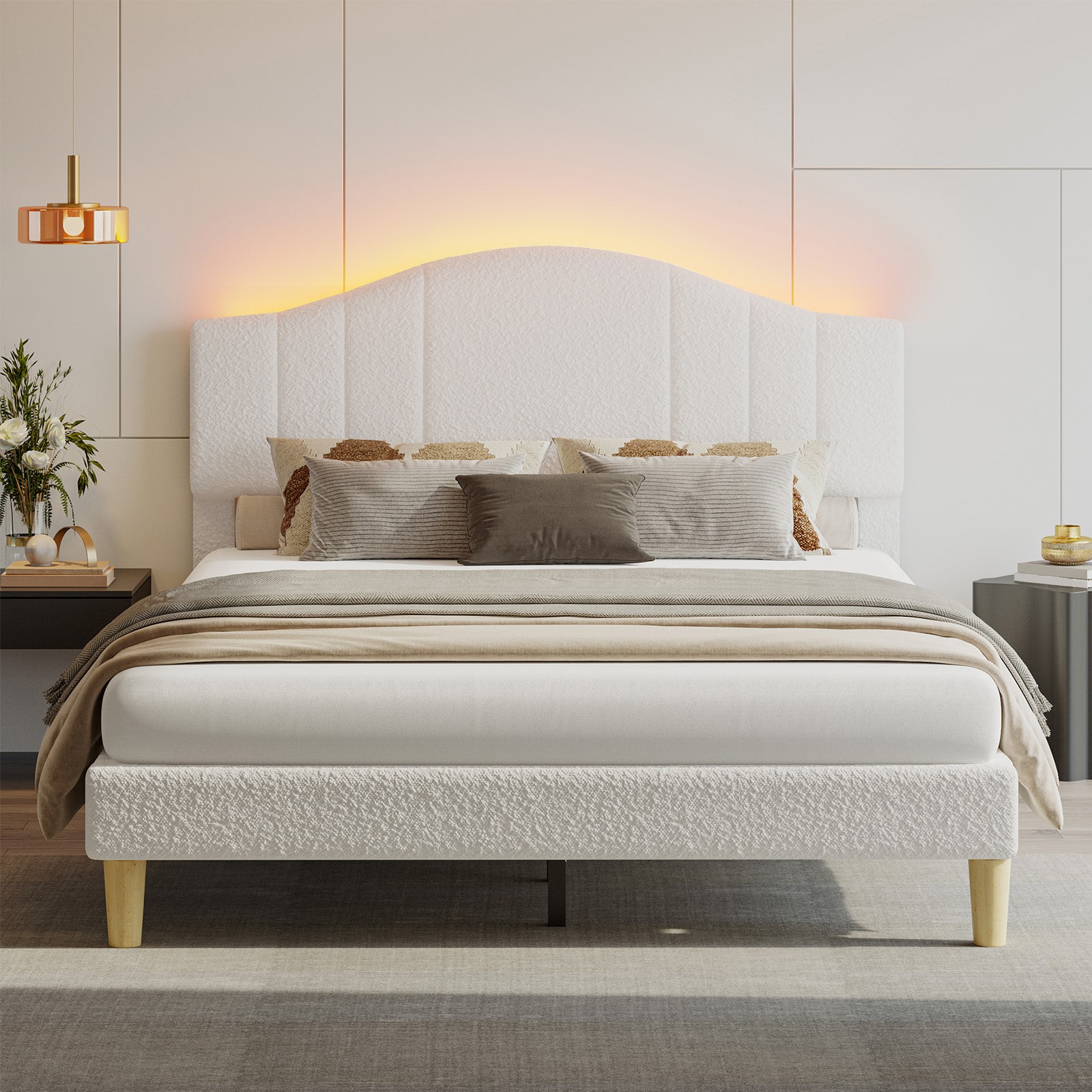 Left. Pinmoco - Pinmoco - Upholstered Platform Bed Frame with Adjustable LED Arc Headboard - Fabric White.