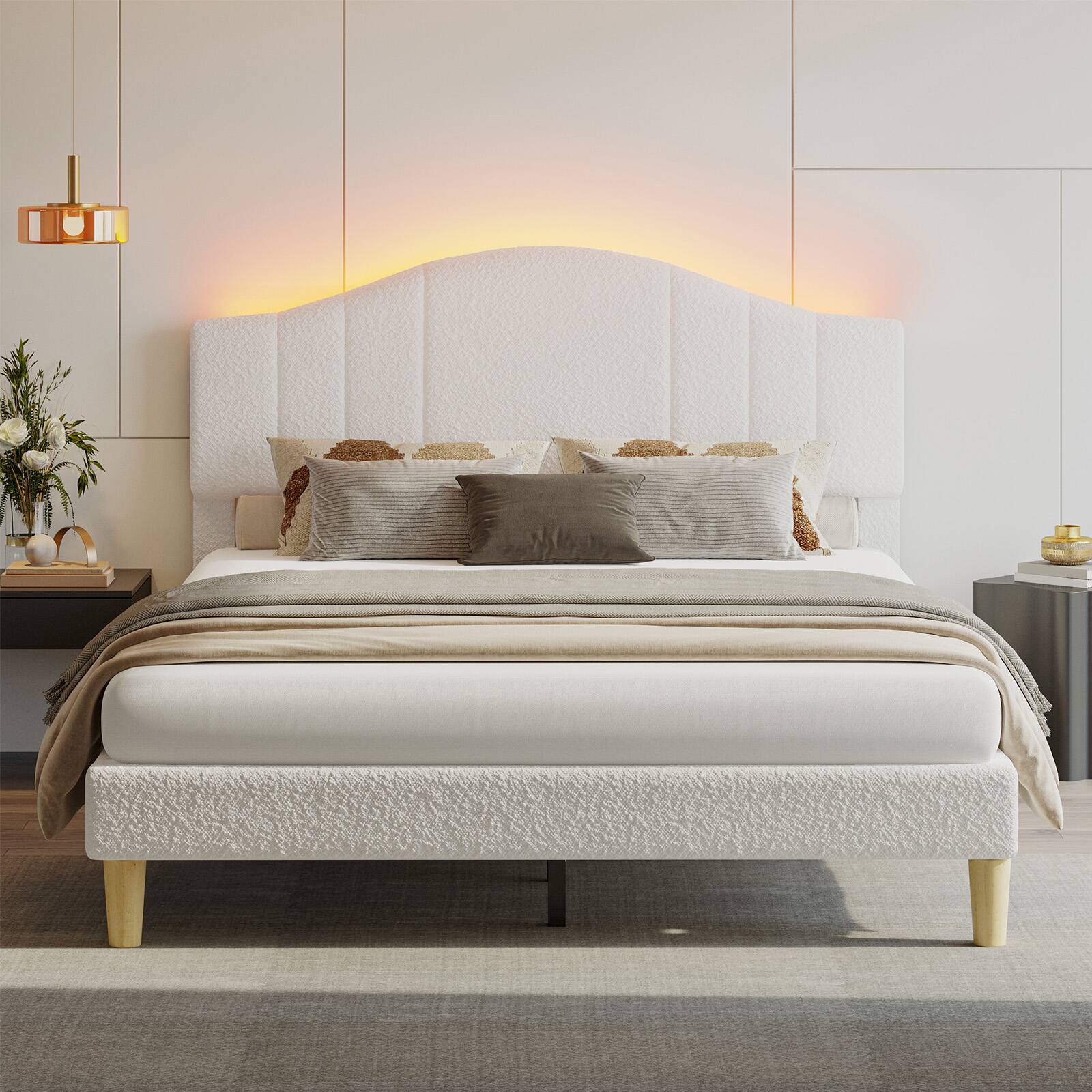 Left. Pinmoco - Pinmoco - Upholstered Platform Bed Frame with Adjustable LED Arc Headboard - Fabric White.