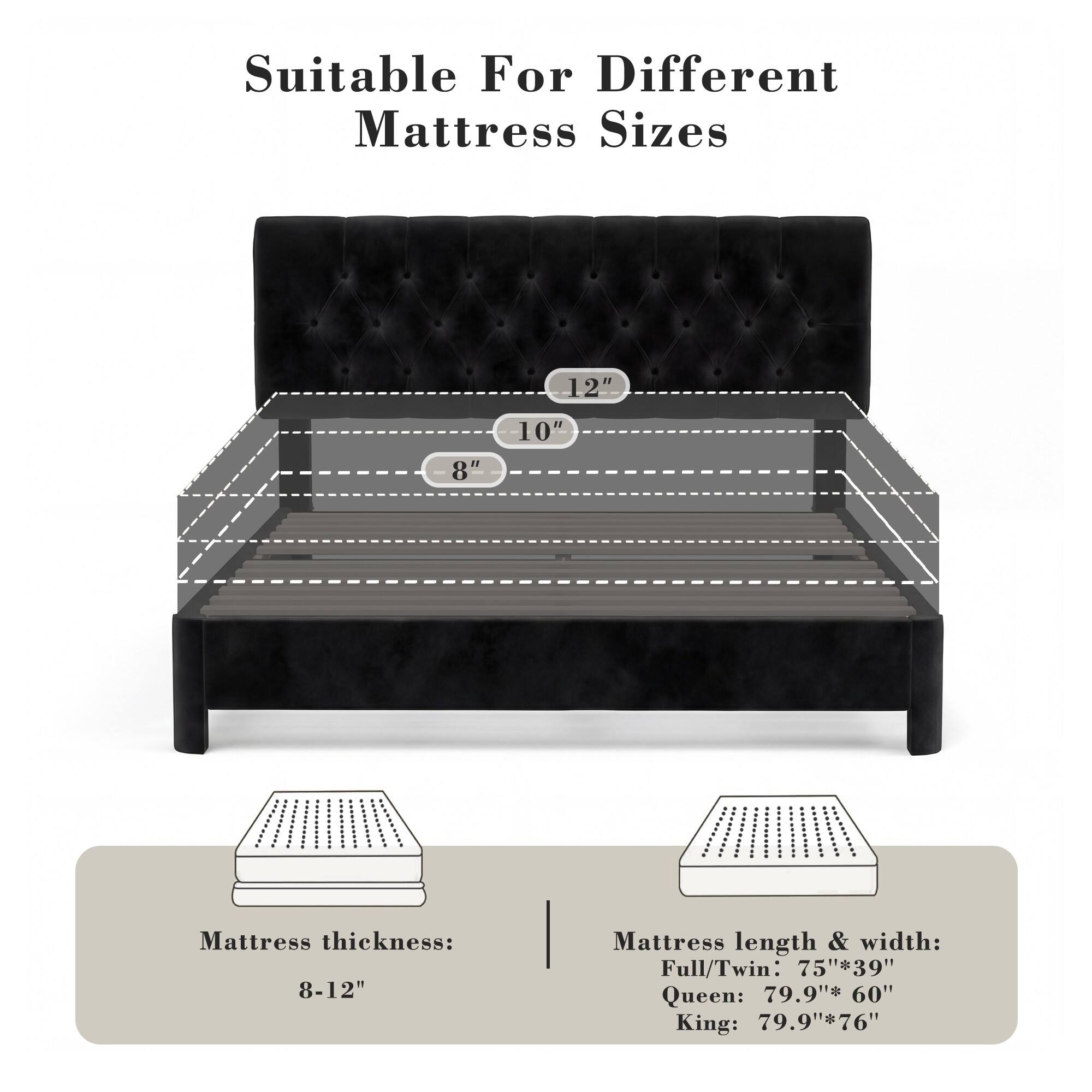 Suitable For Different Mattress Sizes

12" 8" 10" 

Mattress thickness: 8-12" 

Mattress length & width: 
Full/Twin: 75"*39" 
Queen: 79.9"* 60" 
King: 79.9"*76"
