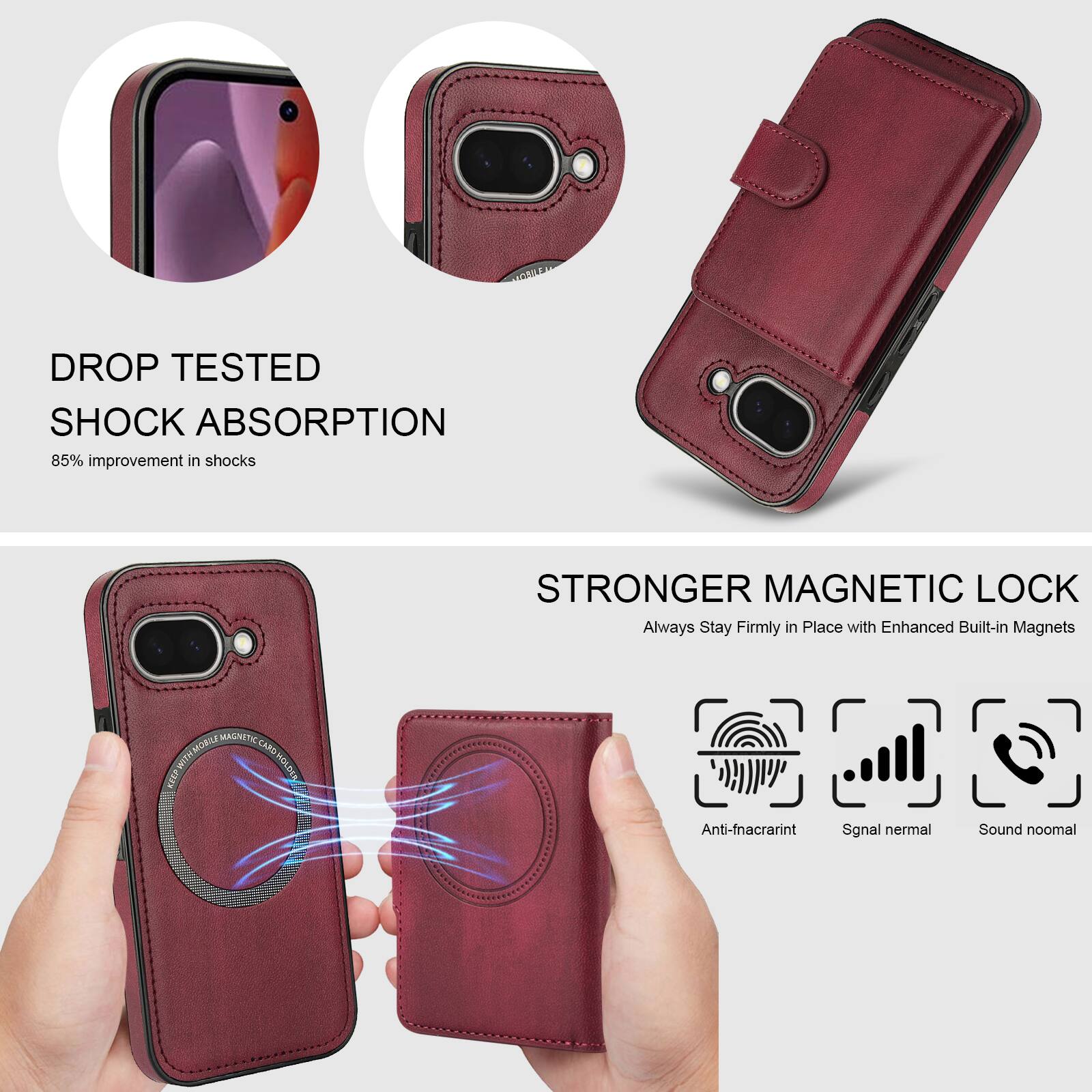 DROP TESTED  
SHOCK ABSORPTION  
85% improvement in shocks  

STRONGER MAGNETIC LOCK  
Always Stay Firmly in Place with Enhanced Built-in Magnets  

Anti-fingerprint  
Signal normal  
Sound normal