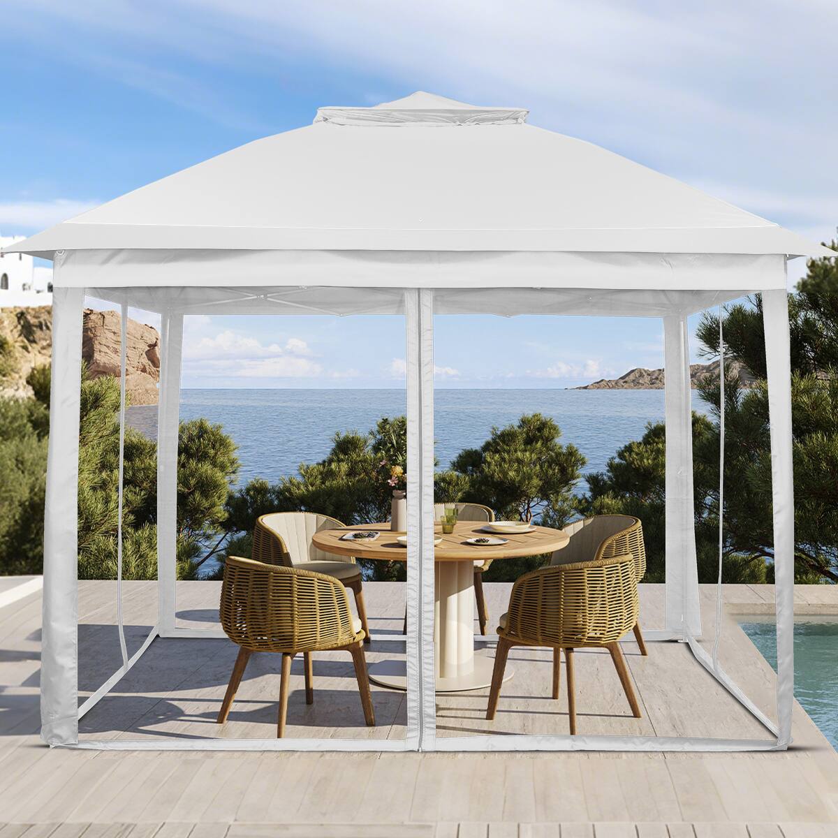 Alt View 1. Ainfox - Ainfox 11x11FT Pop Up Canopy Tent with Mesh Netting,Portable Carry Bag,Stakes & Ropes,Outdoor Gazebo - White.